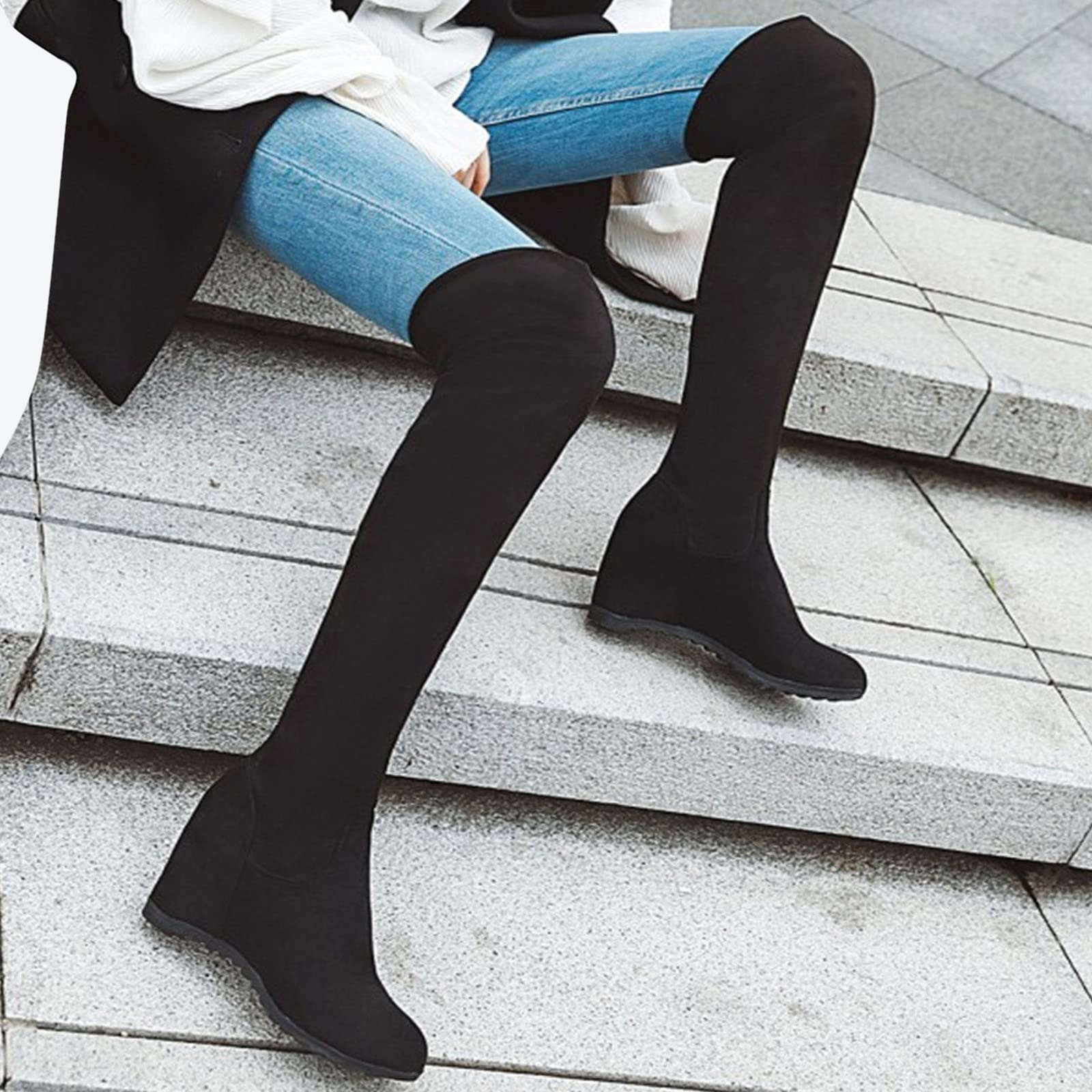 Overknees Stiefel Damen Mit Keilabsatz - Kniehoch-Stiefel Stretch Langschaftstiefel Kniehoch Wildleder-Stiefel Klassische Schlupfstiefel Rundzehe High-Heels-Stiefel Rutschfest Damenstiefel