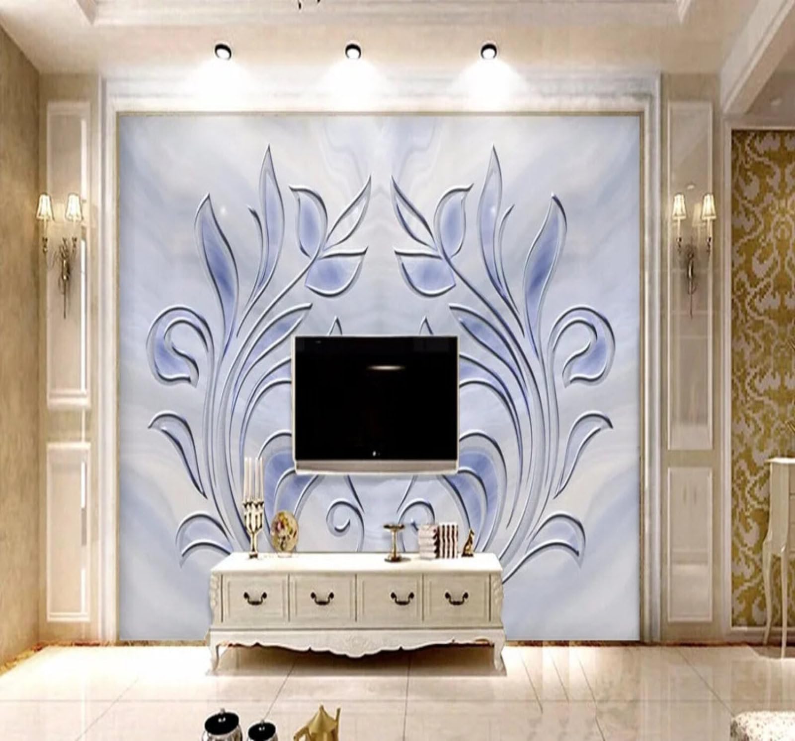 Minimalist Relief Creative Blue Plants 3D Wallpaper Easy Install Feature Office Living Room Sofa Bedroom TV Background Wall Decoration-350cm×256cm