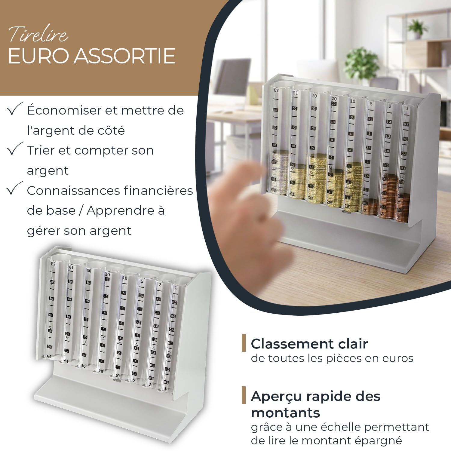 HMF Compteur de pièces pour tri et rangement de la monnaie, trieur de pièces transparent avec échelle des valeurs, tirelire pour enfants | 21 x 19,5 x 10 cm | Gris clair