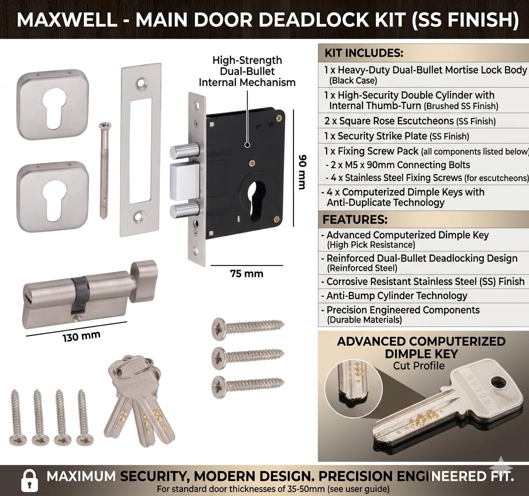 MODRAZE High Security Dead Bolt Lock | Heavy Duty Main Door Lock with 2 Bullets | Door Locks for Main Door 70mm Cylinder with 3 Ultra Brass Keys (2 Years Warranty) (SS) 4