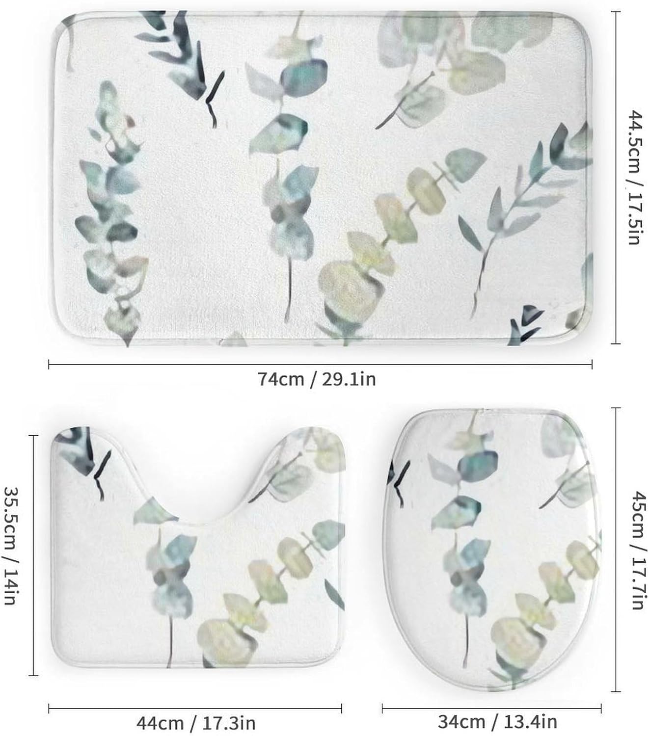 4 Piece Bathroom Rug Set with Shower Curtain, Non-Slip Bath Mat Toilet Cover Set, Eucalyptus Leaves2 Bathroom Rug Sets