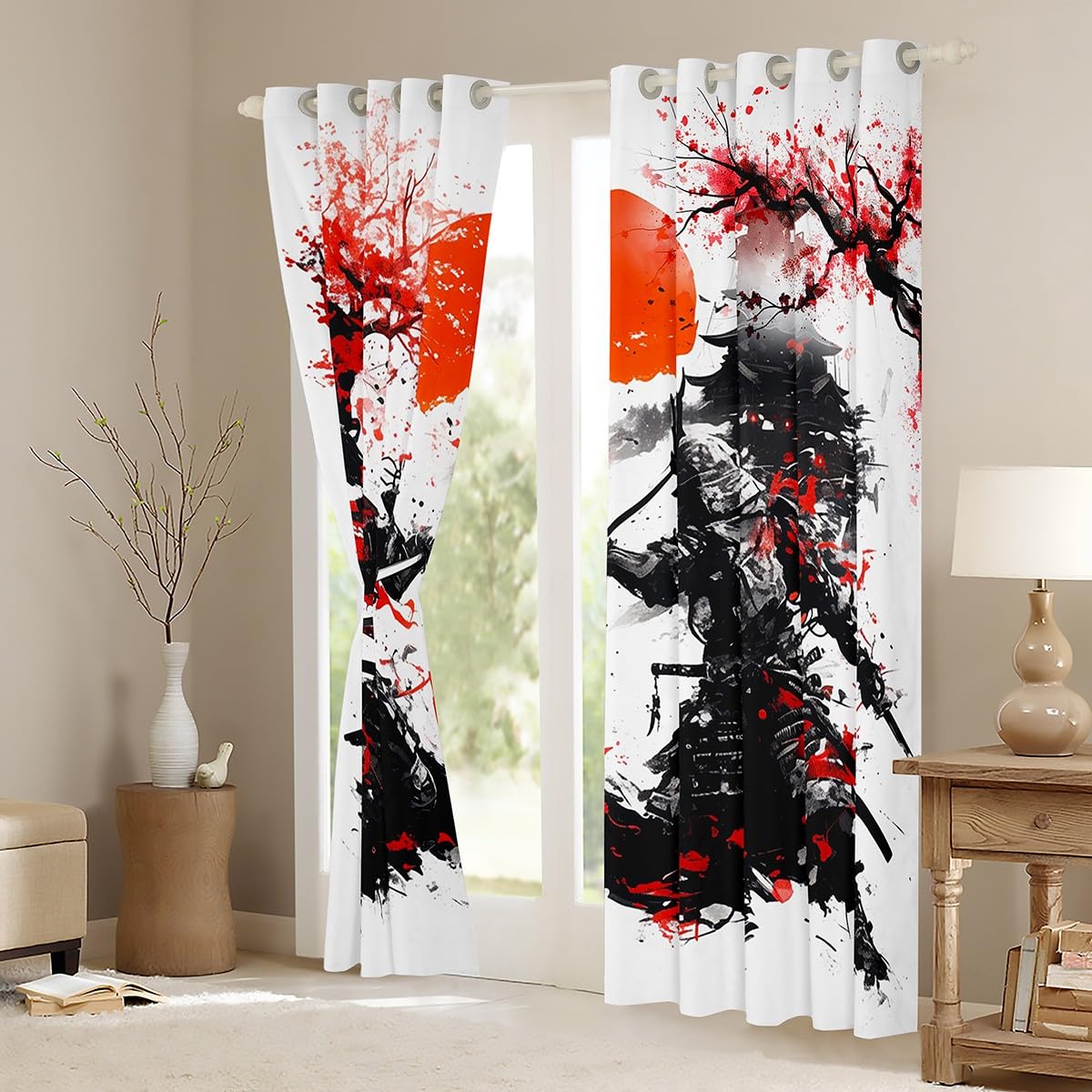 Rideaux de fenêtre samouraï japonais, aquarelle rouge fleurs de cerisier rideaux de décoration d'intérieur, tournesols peinture à l'encre noire, rideaux de fenêtre durables pour enfants