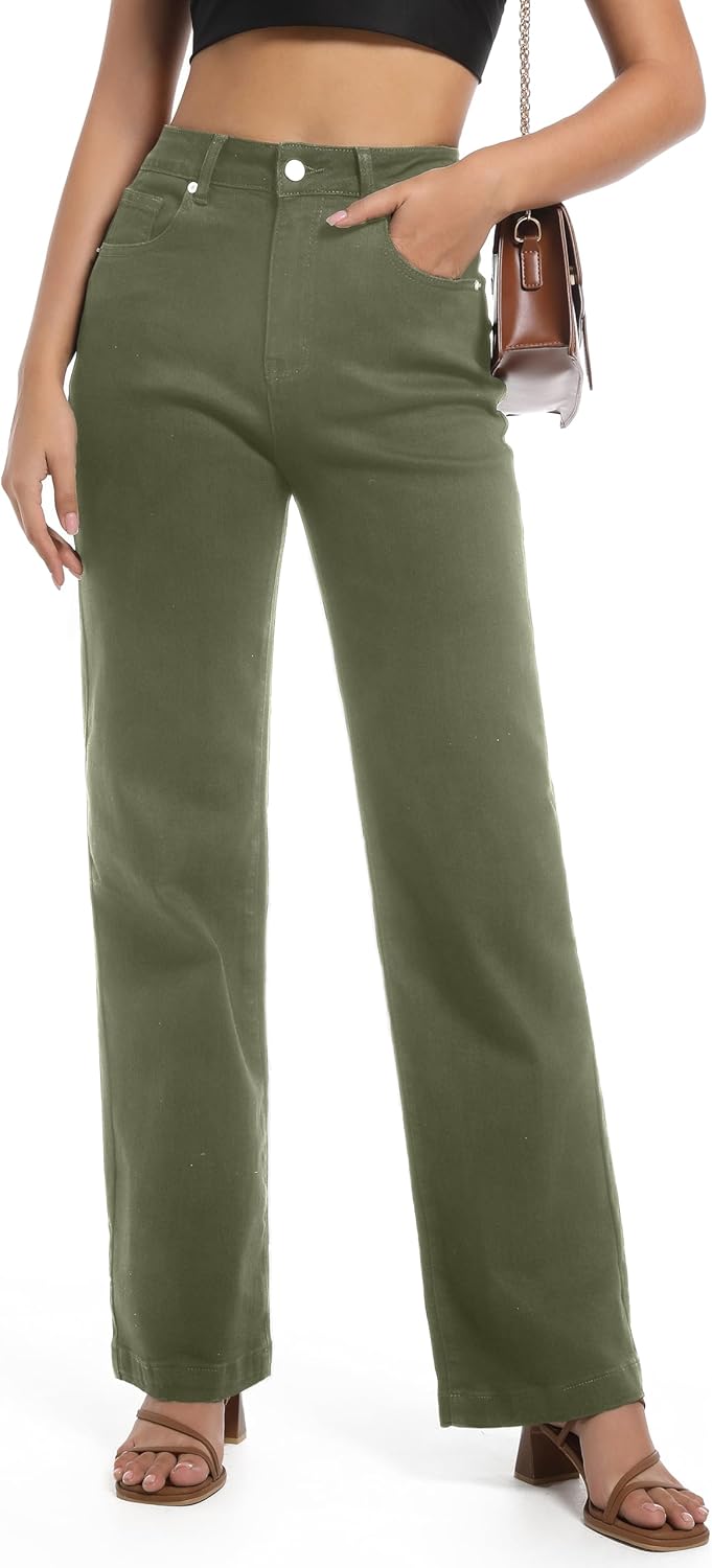 Guaile Women’s Jeans High Waisted Straight Leg Stretchy Jeans Trendy Wide Leg Tummy Control Loose Casual Denim Pants