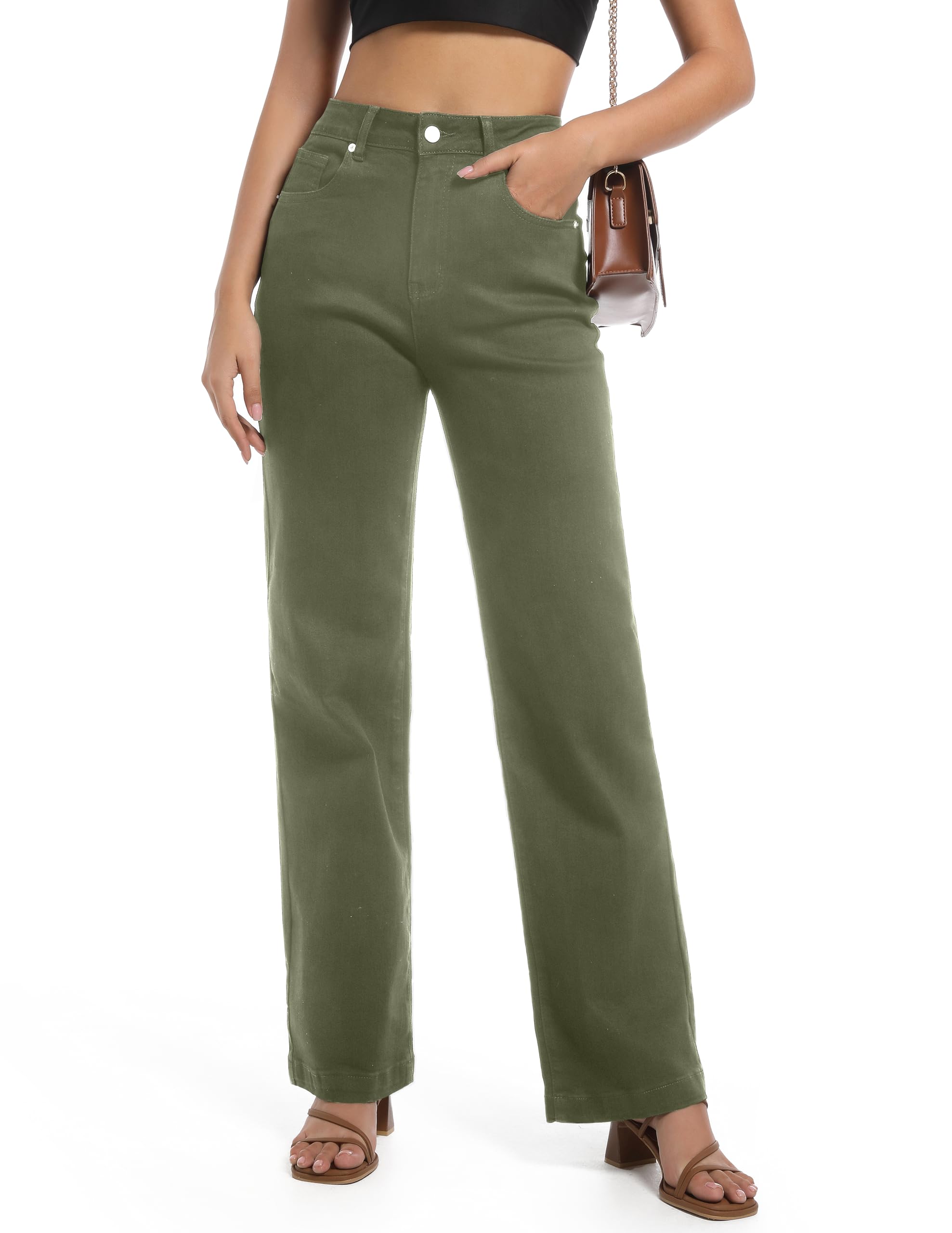 Guaile Women's Jeans High Waisted Straight Leg Stretchy Jeans Trendy Wide Leg Tummy Control Loose Casual Denim Pants