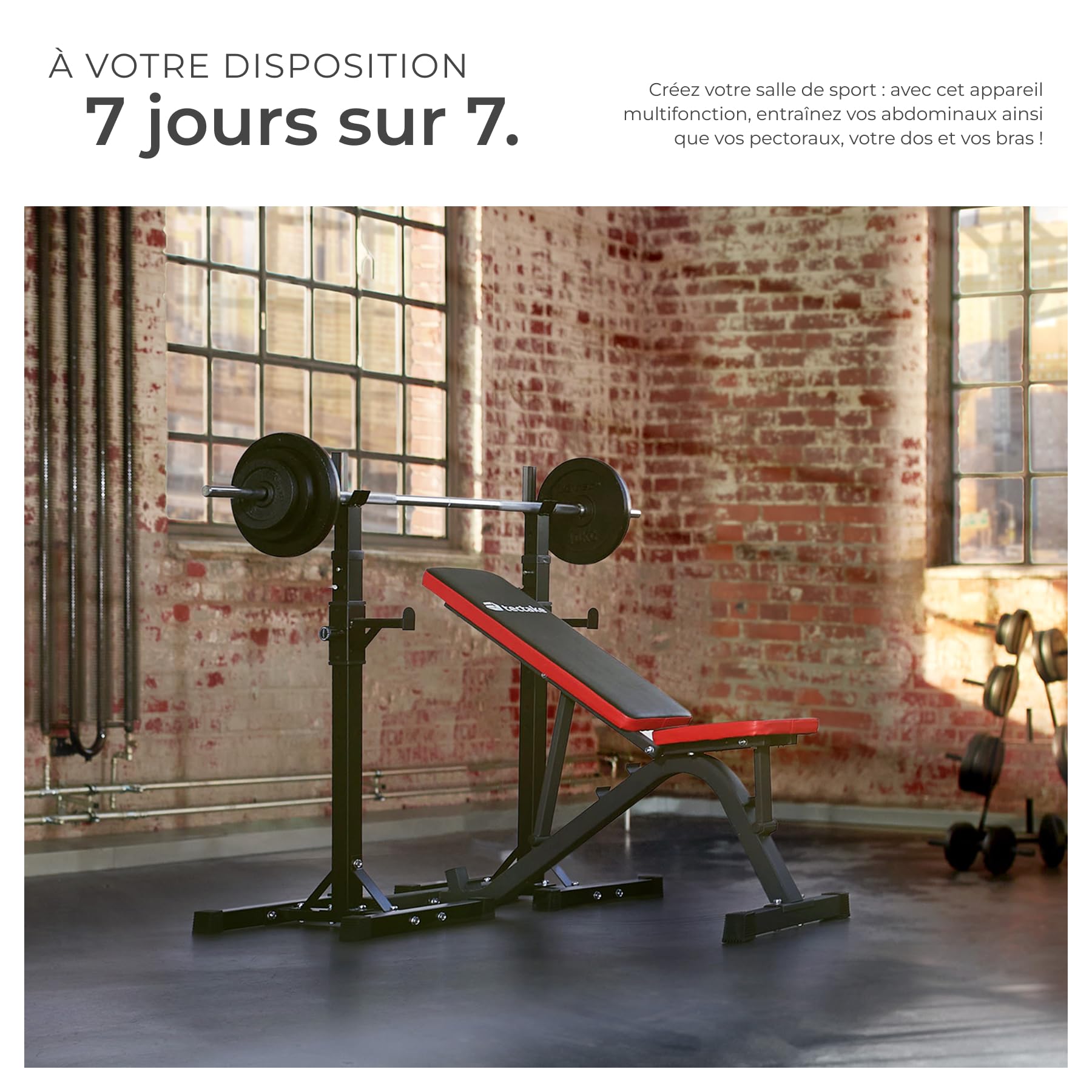 tectake® Banc de musculation polyvalent, 116 x 51 x 122 cm, Banc musculation, Dossier réglable sur 4 niveaux, Assise réglable sur 2 niveaux, Sport Maison, Salle de sport, Fitness, Haltères, Abdominaux