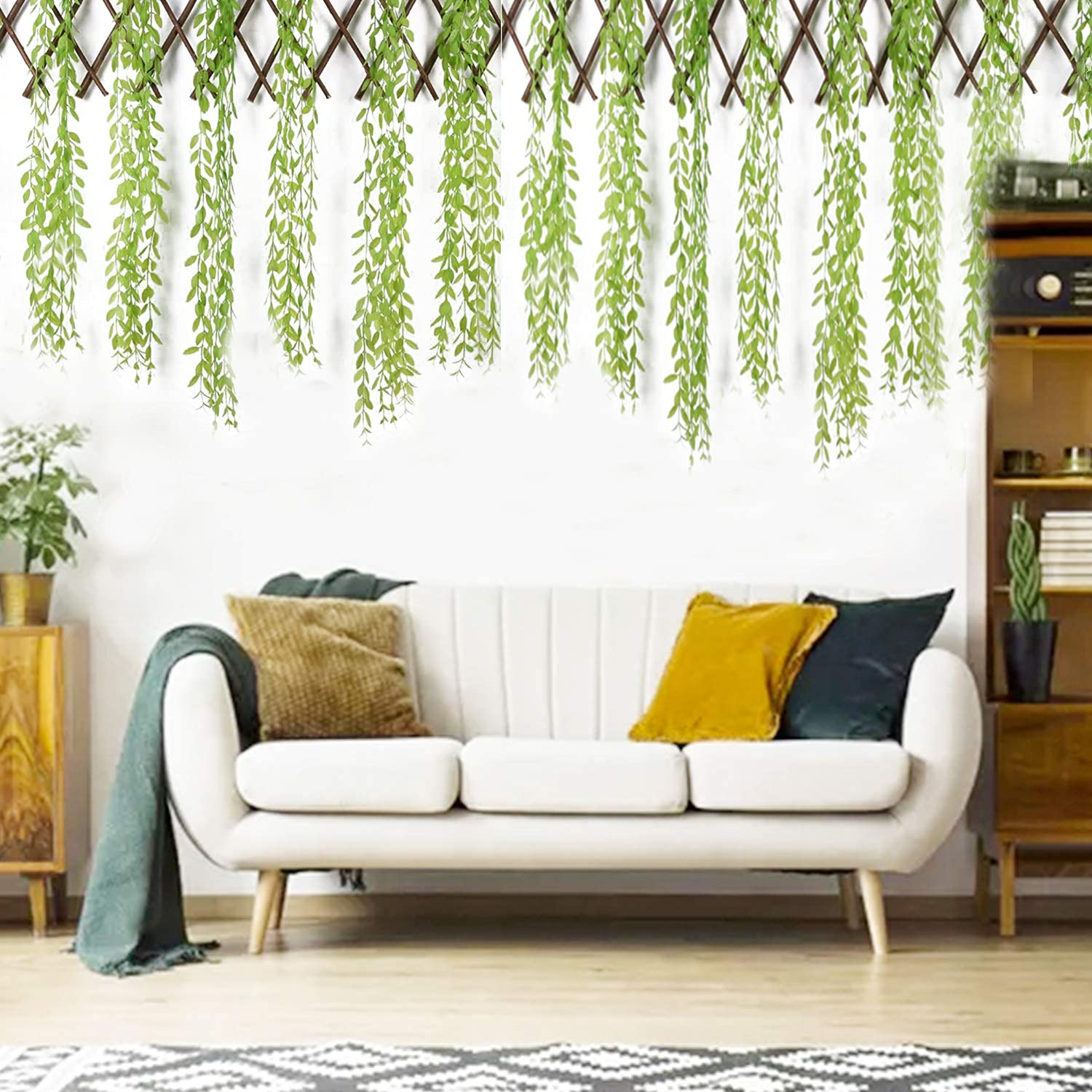 LOMUG 3 Piante Artificiali Sospese In Vaso – Lunghe 77 Cm – Finto Verde Per Decorazione - 4