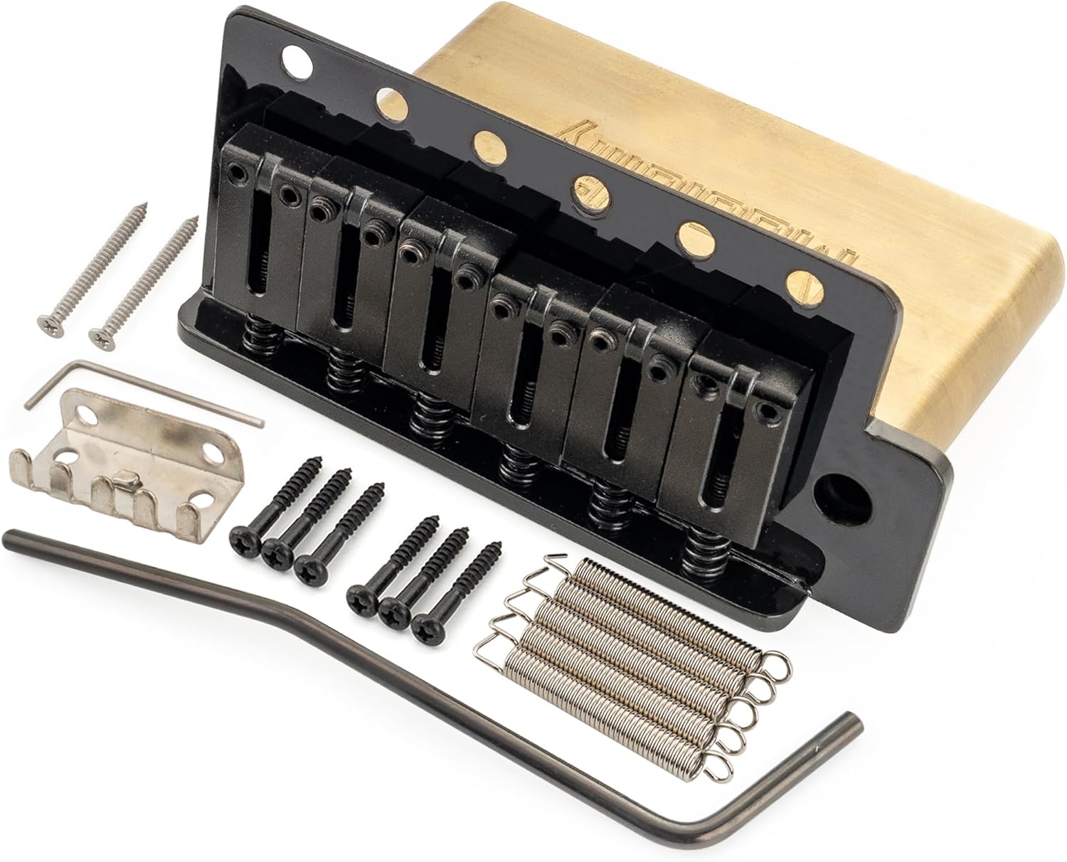 Musiclily Ultra 52.5mm (2-1/16 inch) American Vintage Style 6-Screw ST Tremolo Bridge with Modern Brass Saddles 42mm Solid Brass Block Push-In Arm for Strat Style Electric Guitar, Black