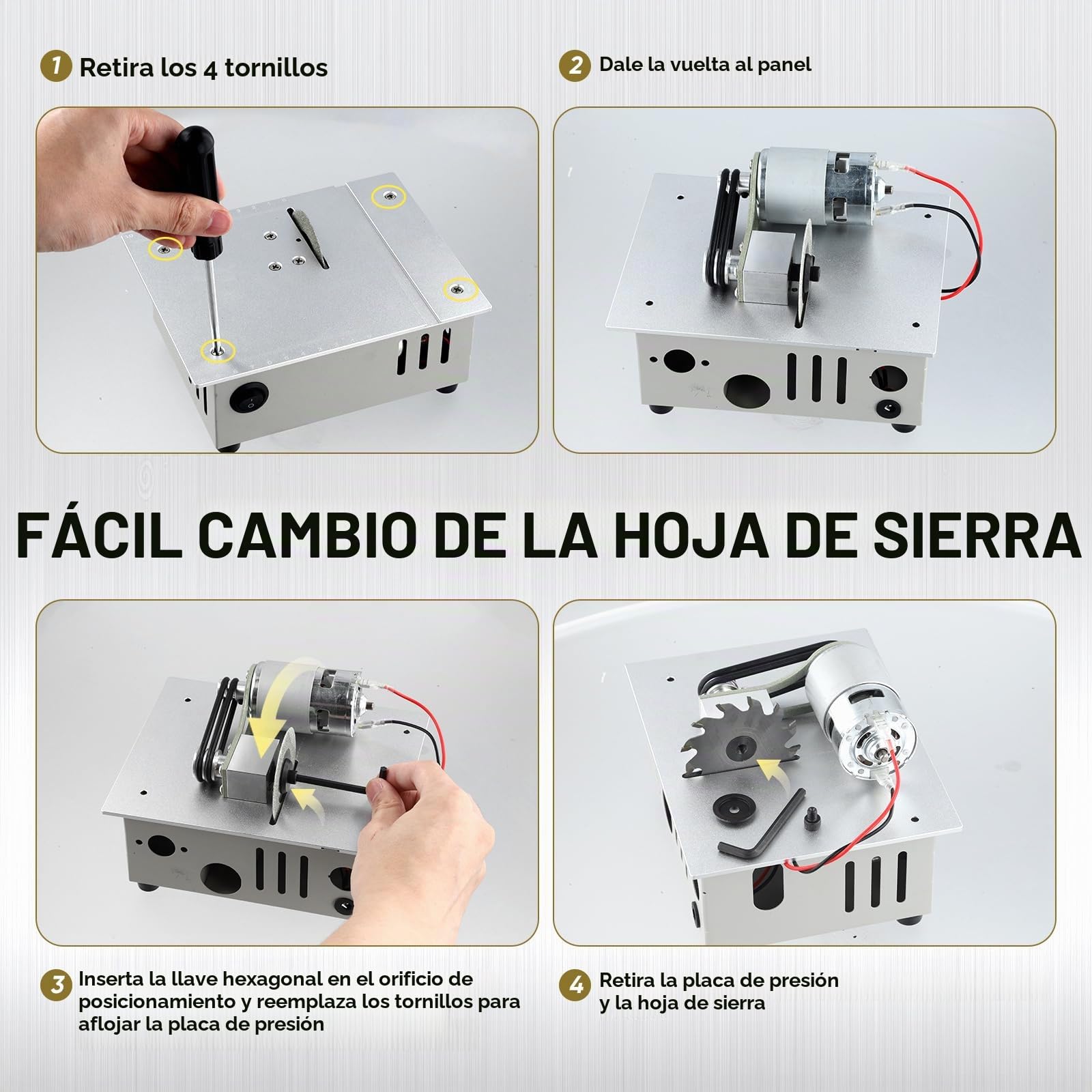 Mini Sierra De Mesa Con 4 Cuchillas, Portátil Mini Sierra Circular De Mesa De 0,1 a 15mm, Sierra Circular De Precisión De 7-Velocidades, 96 W Sierra De Mesa Ajustable Para Bricolaje, Madera, Modelismo