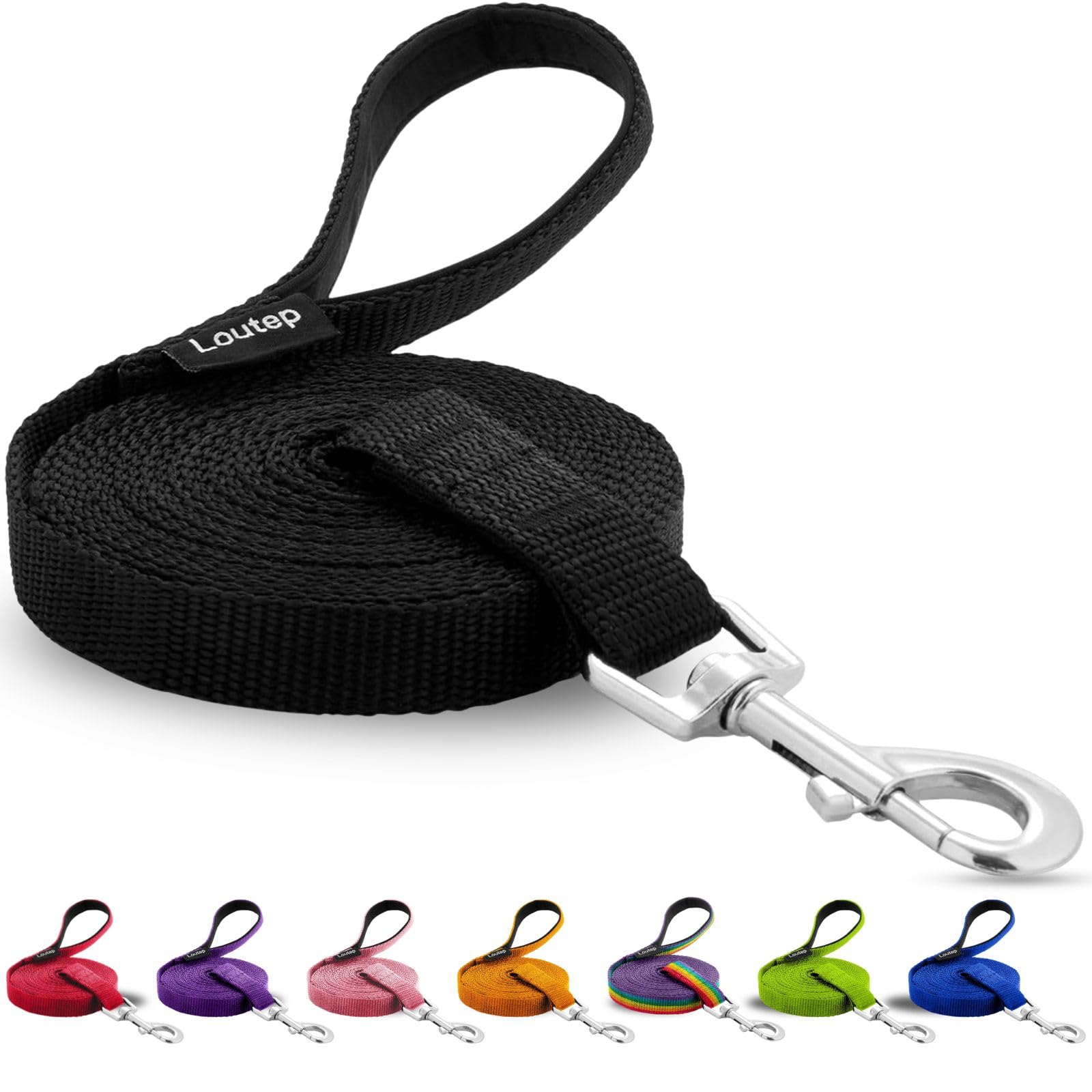 Loutep Dog Training Leash - Long Line for Recall & Obedience, Nylon Training Lead with Padded Handle, 15 ft / 20 ft / 30 ft / 50 ft / 100 ft - Long