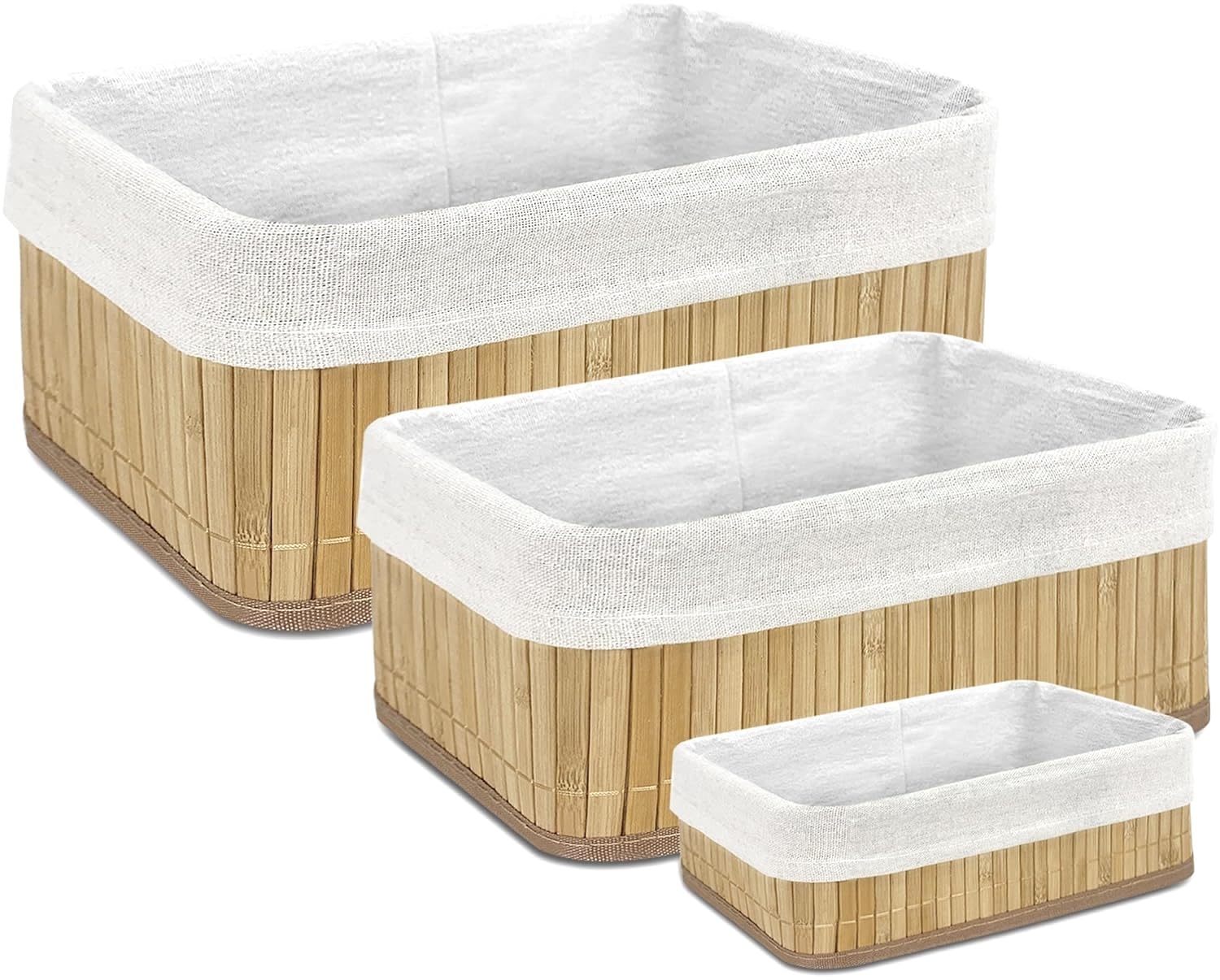 TIENDA EURASIA - Juego de 3 Cestas de Bambú, Forrado Interior de Tela, Color Natural, Grande 30 x 20 x 12 cm, Mediana 28 x 18 x 10 cm y Pequeña 25 x 15 x 8 cm, Organización del Hogar