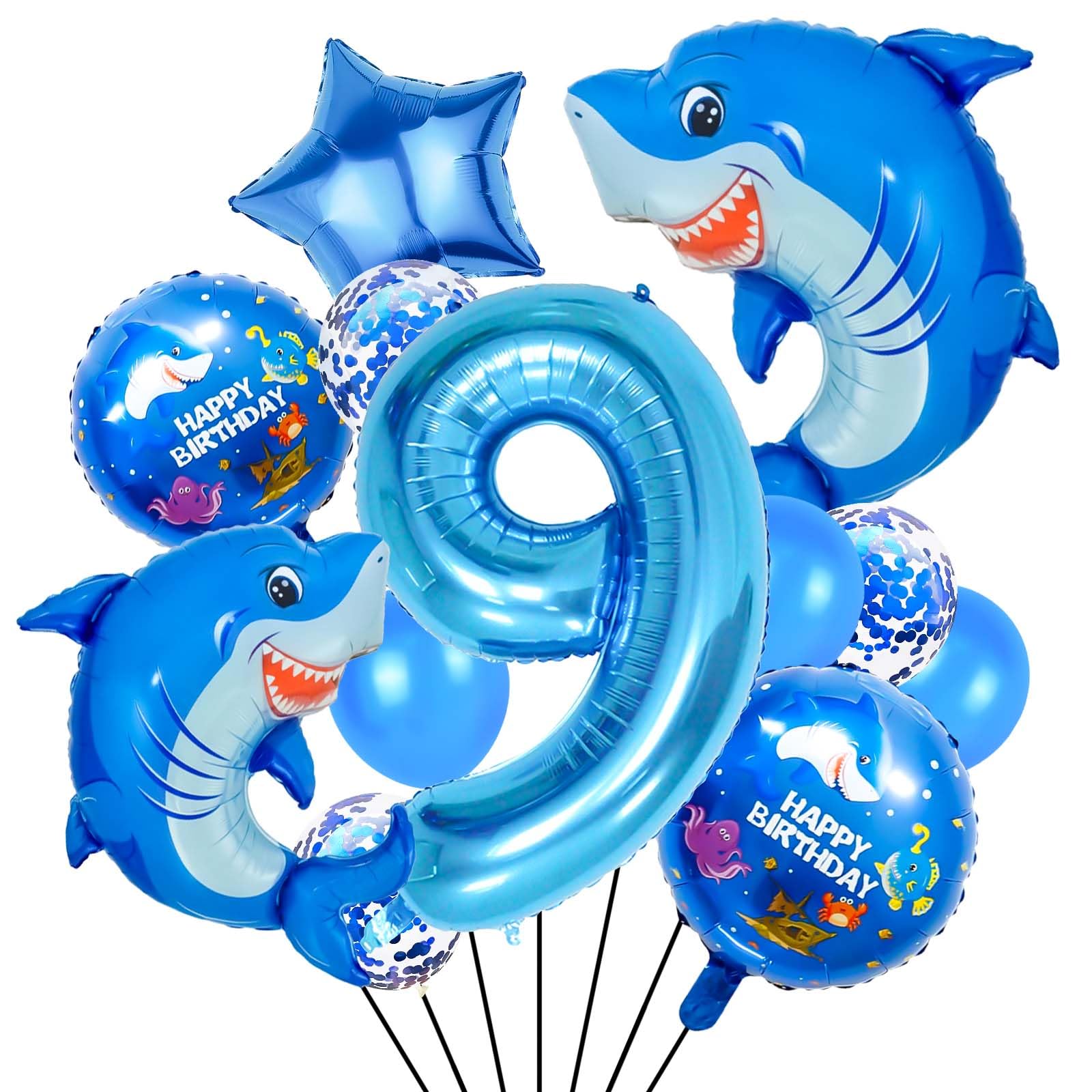 40 Inch 9 Balloon Number, Cute Blue Shark Balloons, Giant Foil Number 9 Balloons for Anniversary Supplies, Kids Birthday Party, Shark Themed Birthday