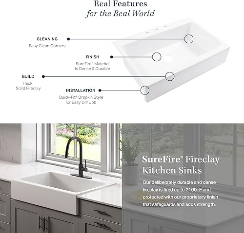 Miniatura 9 de Parker - Fregadero de cocina estilo casa de campo de 34 pulgadas, color negro mate, 34 pulgadas, de ajuste rápido, con 3 agujeros y kit de cuidado