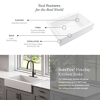Parker Fireclay Quick-Fit Drop-In Farmhouse Kitchen Sink and