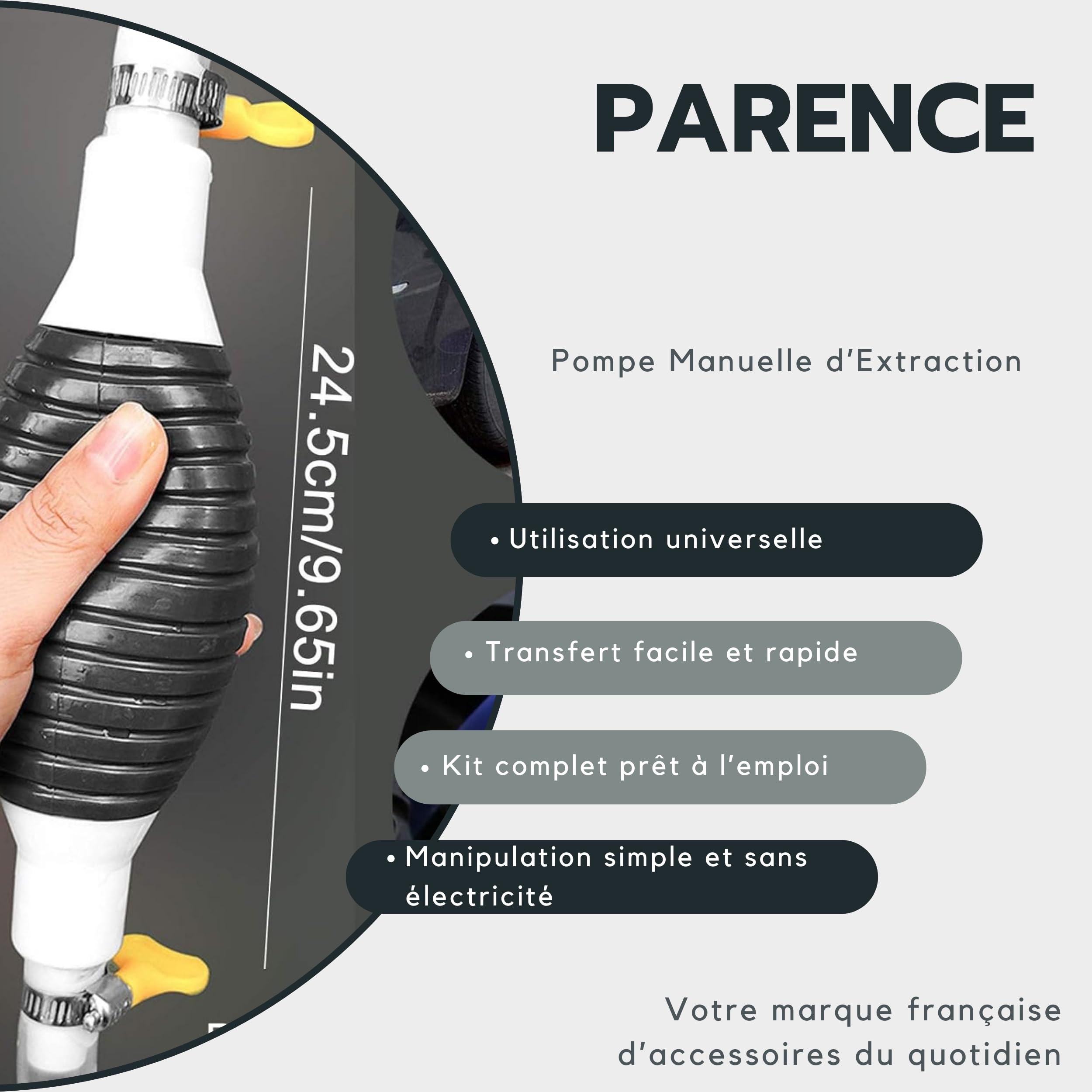 PARENCE – Pompa di aspirazione manuale per carburante, acqua e olio – Kit sifono con castoro aspirante, tubo trasparente di 2 m + morsetti – svuotamento facile e rapido