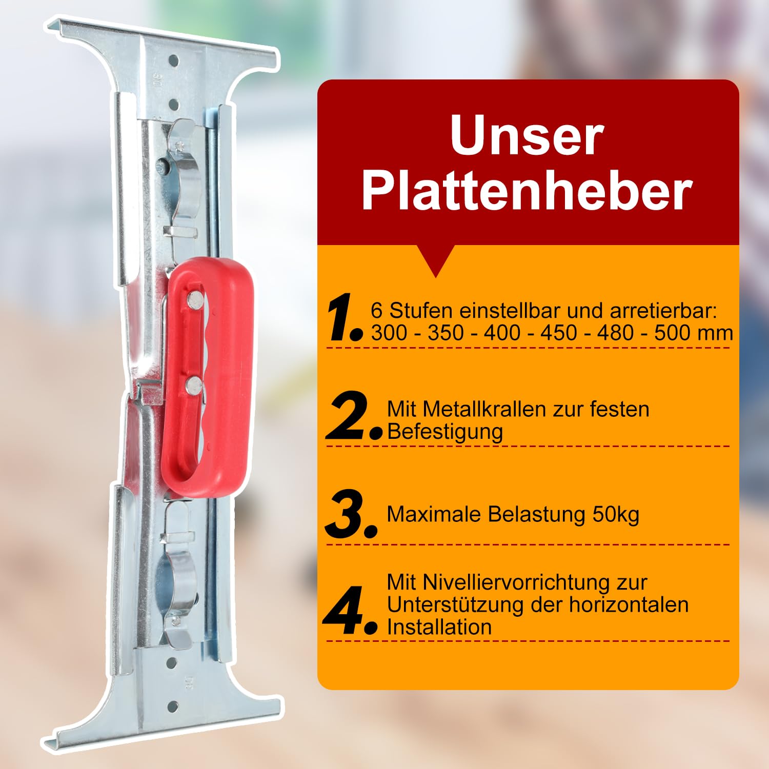 Lève-plaque avec réglage de la hauteur sur 6 niveaux pour plaques jusqu'à 50 kg, idéal pour les applications de levage de pierre, 30 à 50 cm, avec niveau à bulle intégré pour des ajustements précis