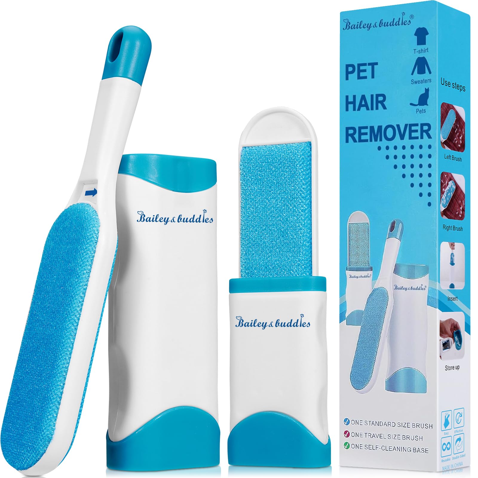 Bailey & Buddies Pet Hair Remover Roller Brush with Self Cleaning Base & Travel