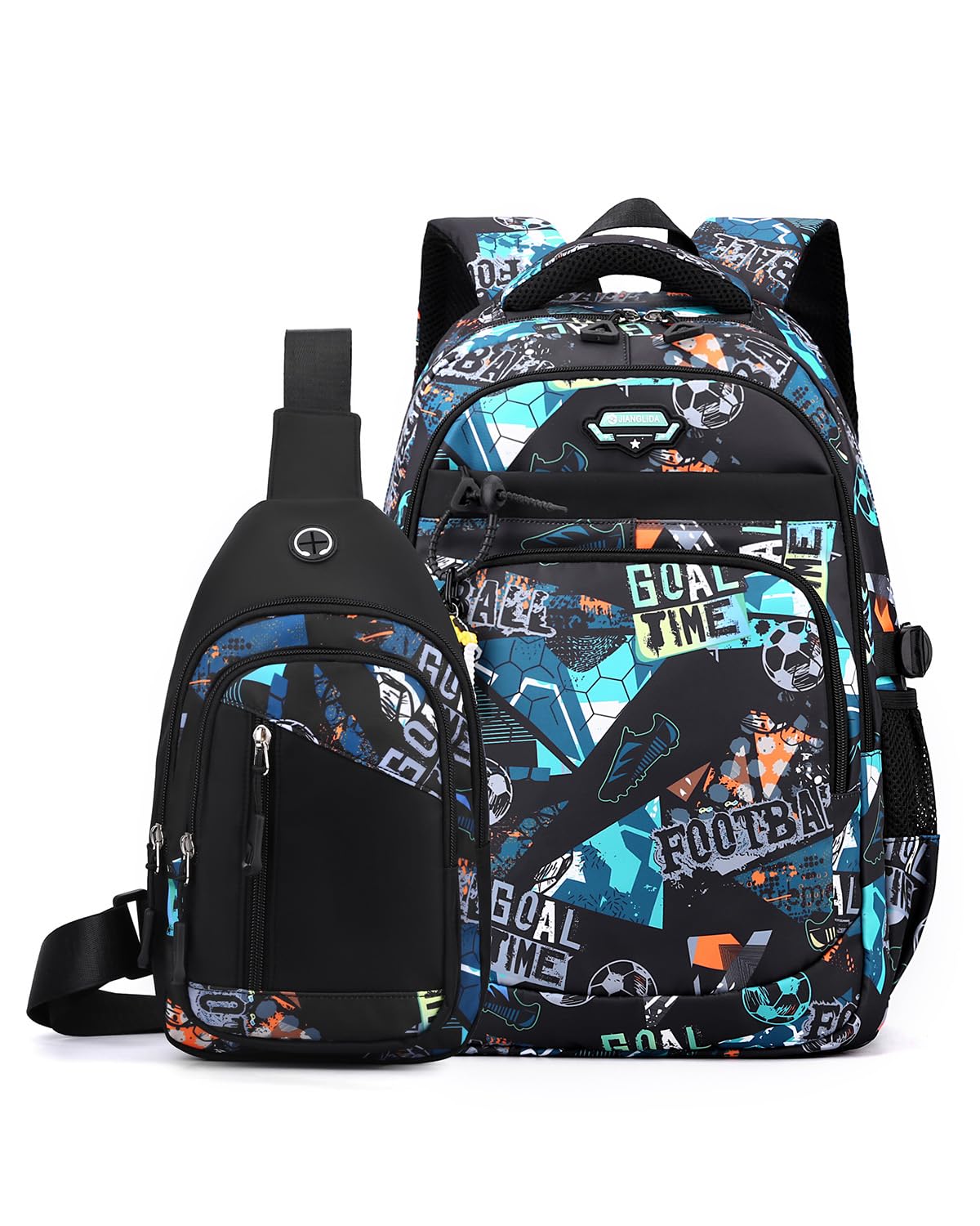 Tanou Mochila Escolar Adolescente Niño, Grande Mochilas Escolares Chico de 9 a 16 años, Juego de Mochila Instituto de Nylon de 2 Piezas con Bolso de Pecho, Fútbol Verde