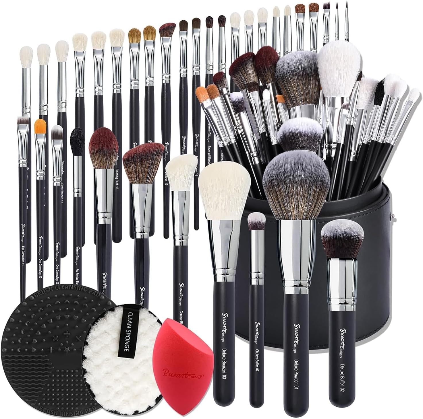 Bueart Design Pro makeup Artist 34Pcs Deluxe Real Goat Hair Horse hair Makeup Brushes Set with extra Large Holder High End Professional labeled makeup brush set with natural Pony Hair