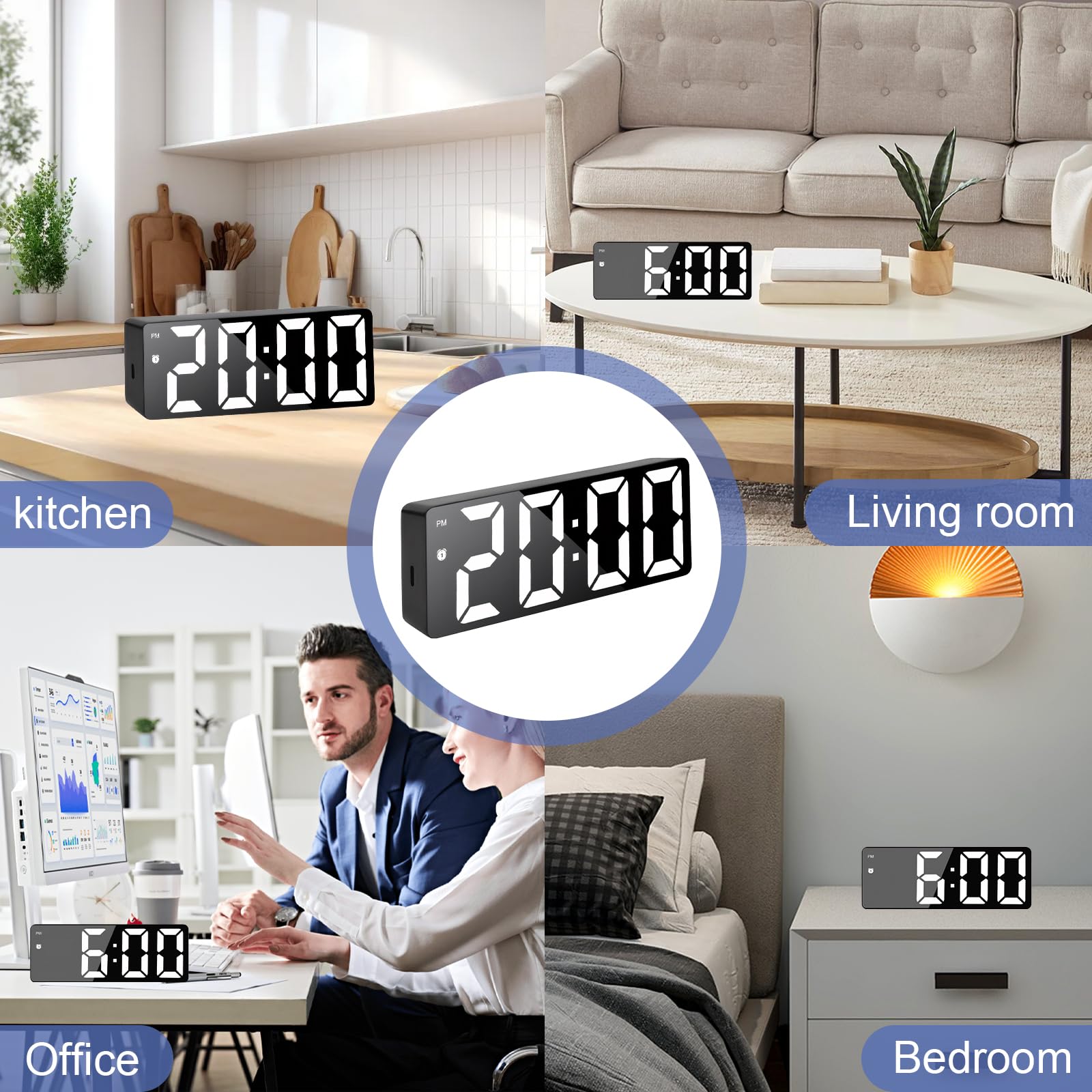 Cyfrowe lustro LED z kalendarzem temperatury i daty, cyfrowy budzik, elektryczny budzik LED, cichy, nietykający, z funkcją drzemki, regulacja temperatury, jasność (biały)