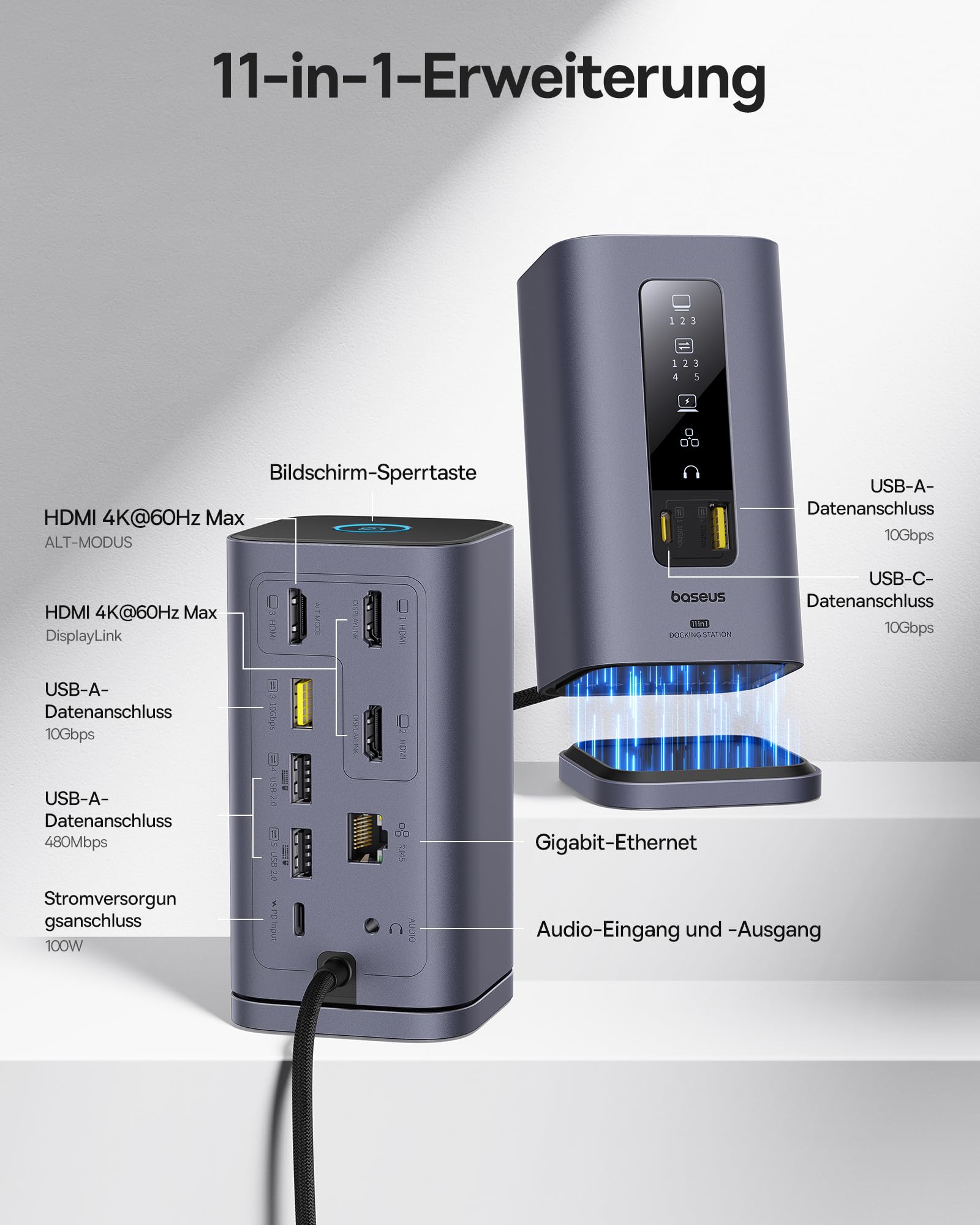 Baseus Spacemate Displaylink Docking Station USB C 11-in-1, 3 Monitore 4K, 10Gbps USB-C/A, 100W PD, Ethernet, Audio, für M1/M2/M3/Win und MacOS