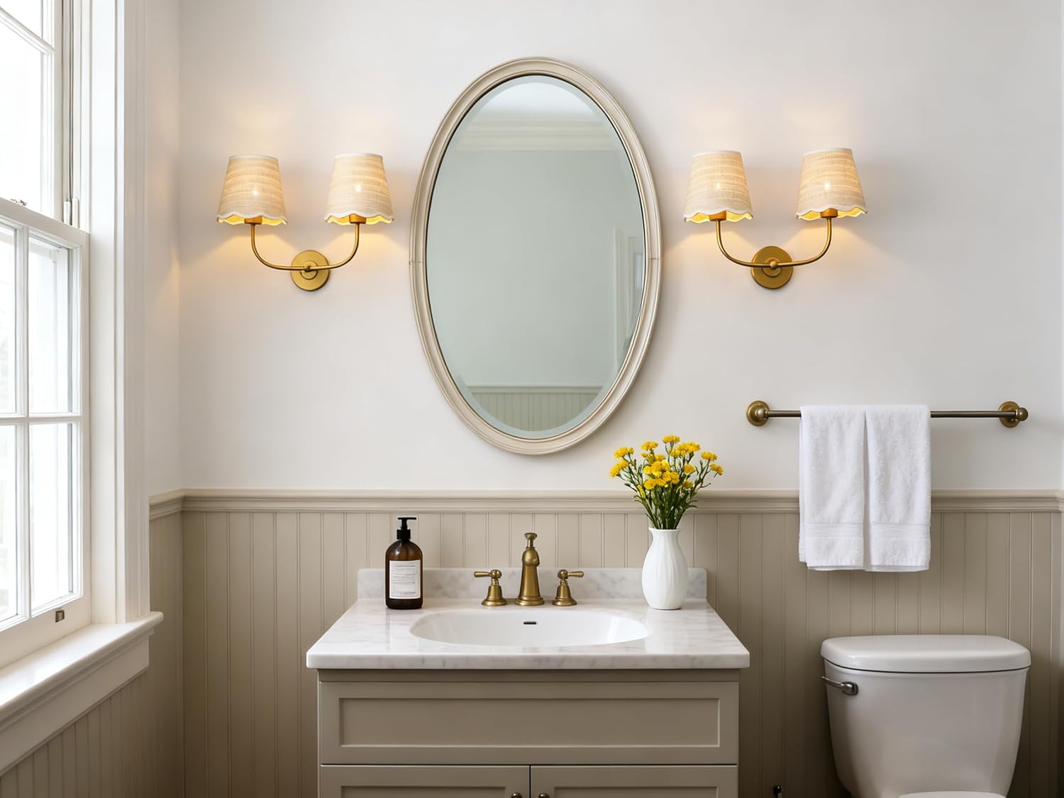 Phansthy Industrial Hardwired Wall Sconce Vintage Farmhouse Wall Light, Boho Brass Finished Wall Lamps with Natural Rattan Woven Lampshade for Bedroom, Living Room (Antique Gold, Two-Light)