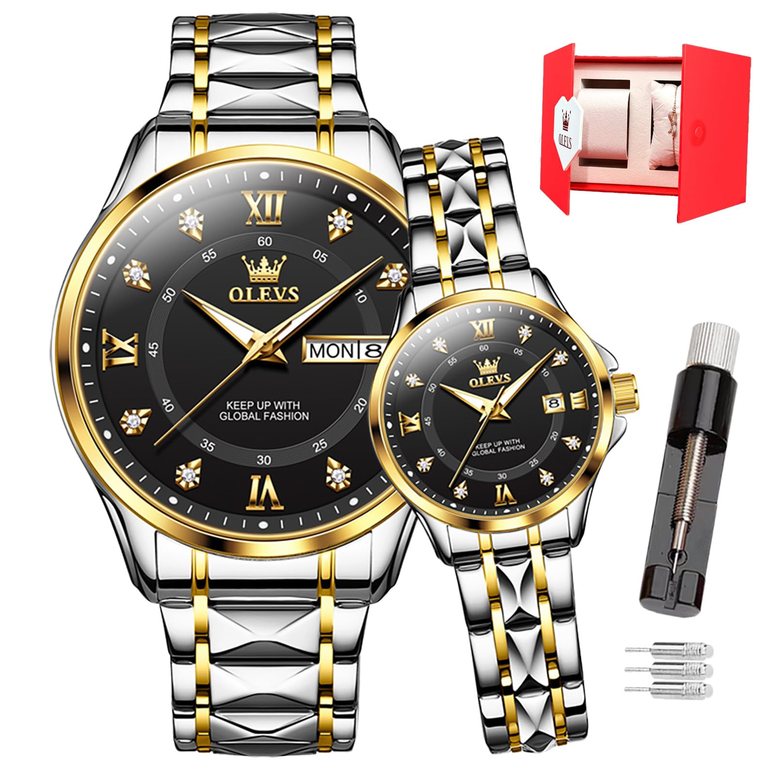 OLEVS Valentines Paar Quarzuhren, 3 ATM wasserdicht, leuchtender Kalender, Datum, lässige Edelstahl-Armbanduhr für Sie und Ihn, für Männer, Frauen, Liebhaber