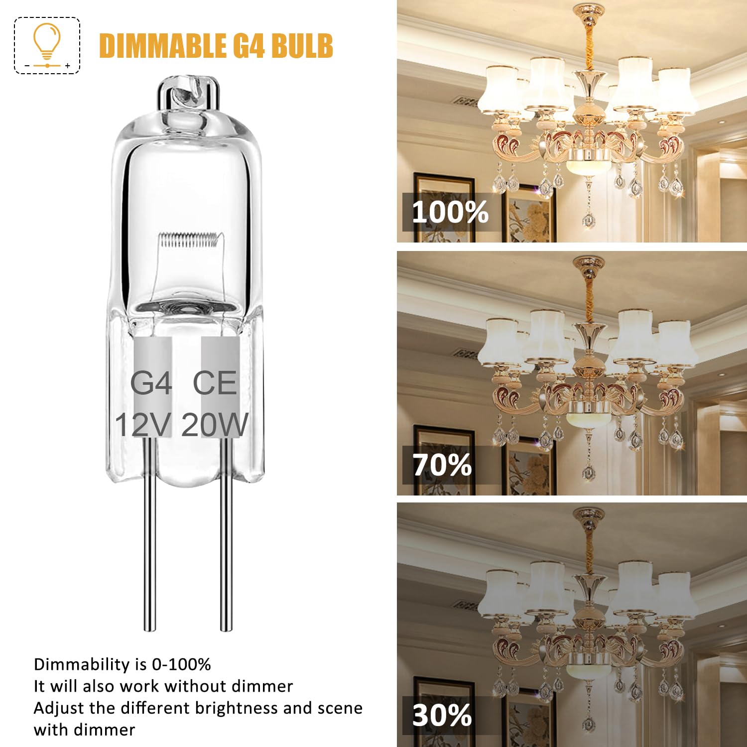 G4 żarówka halogenowa 12 V 20 W, 2 piny, przezroczyste lampy kapsułkowe, ciepła biel 2700 K, długi 生命周期