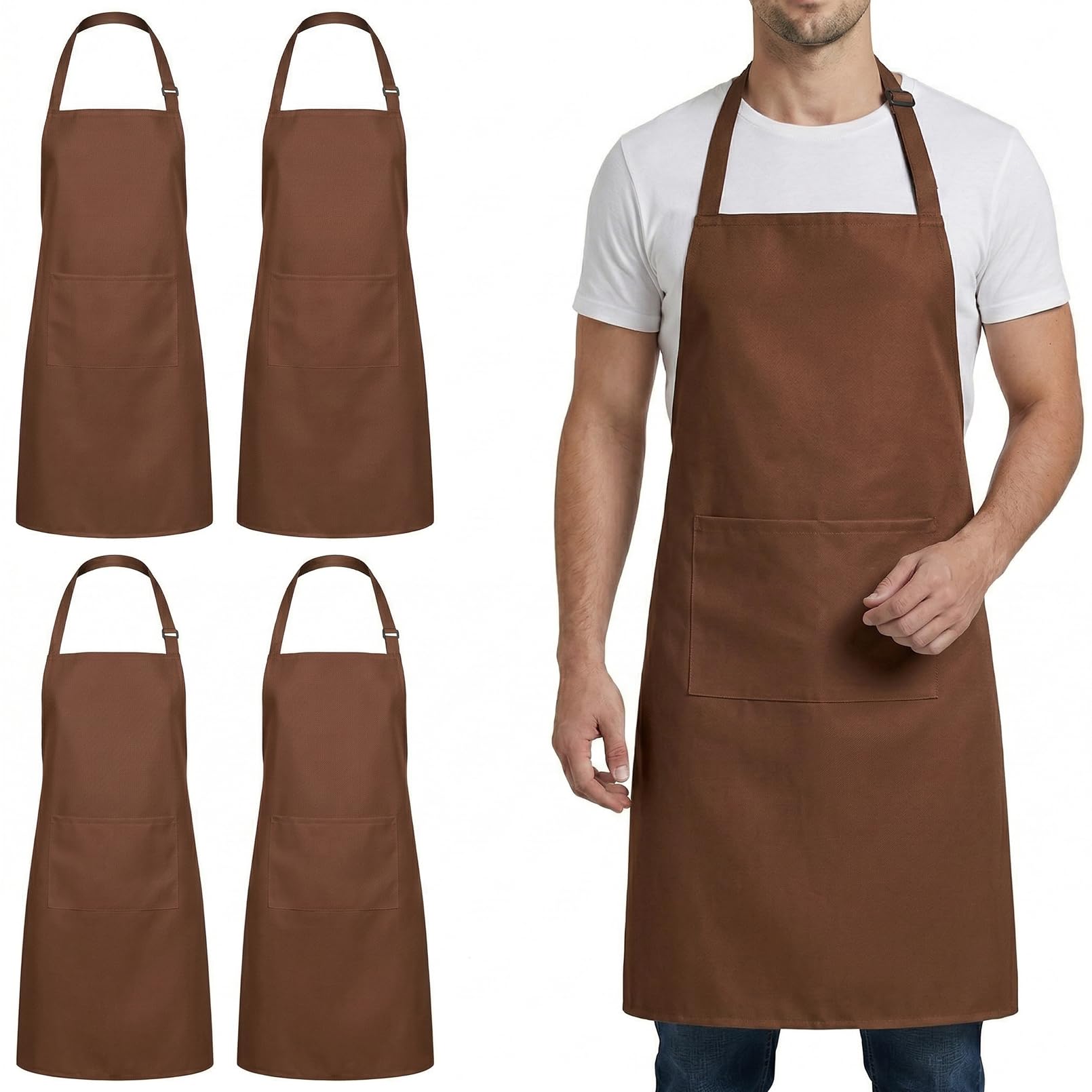 Preocea 4 Pack Chef Aprons, Adjustable Apron with 2 Pockets, Waterproof Polyester Kitchen Apron for Women Men, Cooking Aprons with Long Ties for Restaurant BBQ Baking, Brown