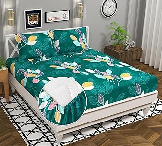 BSB HOME Cotton Rich 160tc Elastic Fitted Bedsheets with 2 Pillow Covers | Double Bed with Corner Fit Wrinkelfree Supersoft Floral Pattern Breathable |Size-72x68+6 inches | Dark Green and Rust