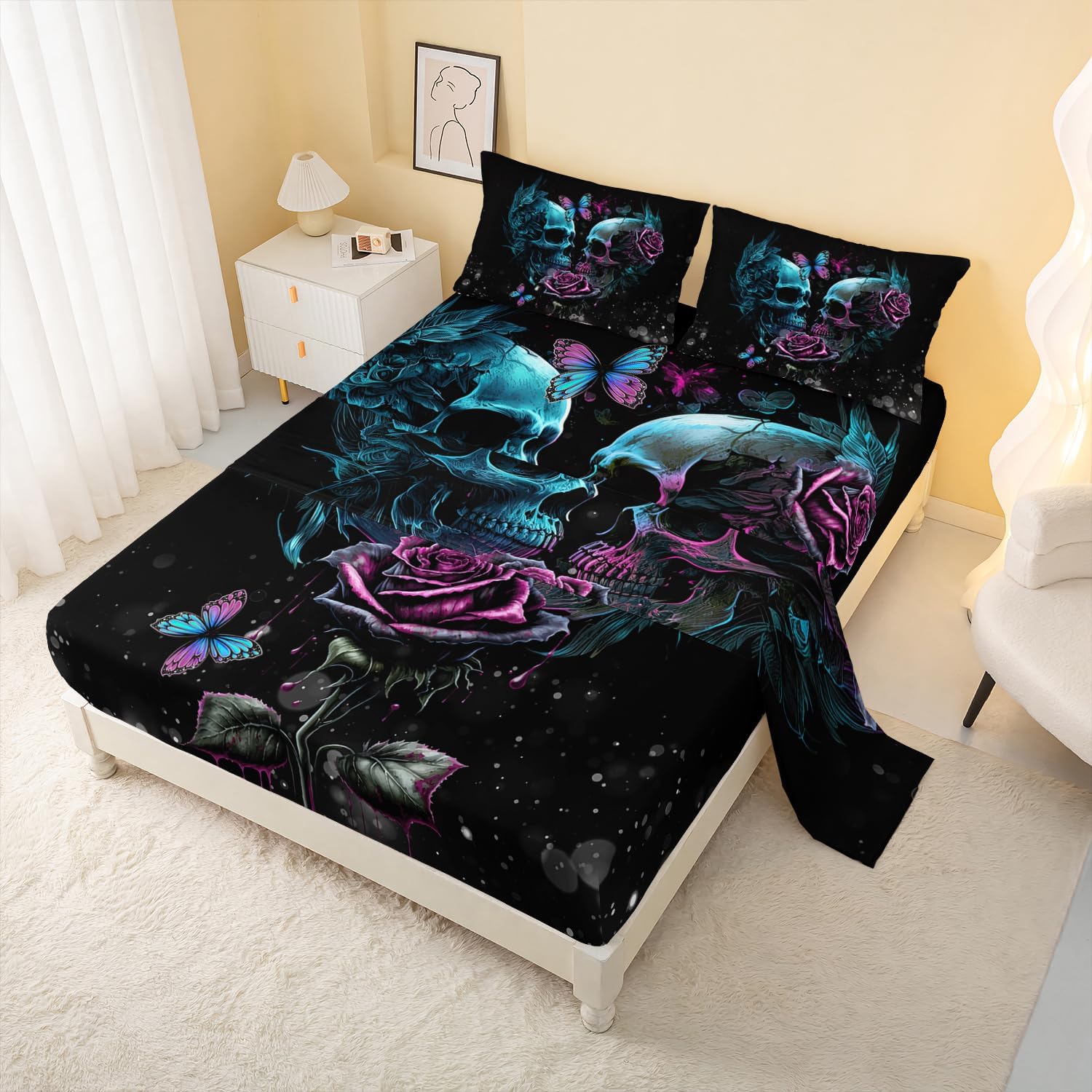 AILONEN Sugar Skull 4 Piece Fitted Sheet Set - King Size, Romantic Skull Couple Rose Bed Sheet Set, Pillowcases