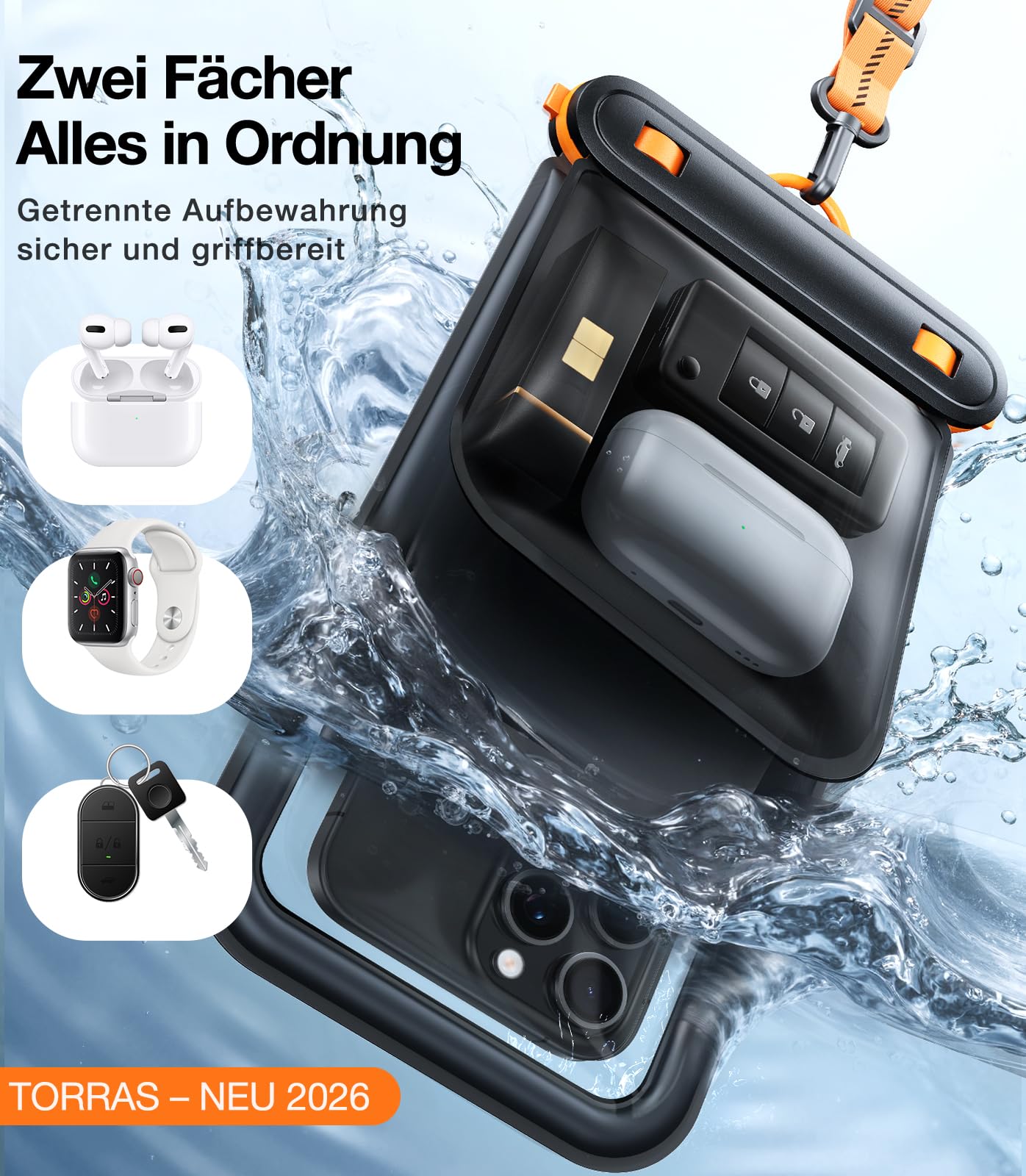 TORRAS IP68 wasserdichte Handyhülle [Doppelte Taschen], Unterwasser Handyhülle Wasserfeste Handytasche, 500g Maximaler Auftrieb, Ideal für Tiefsee-Tauchen, Schwimmen, SUP und Segeln, 7,9 Zoll,Schwarz