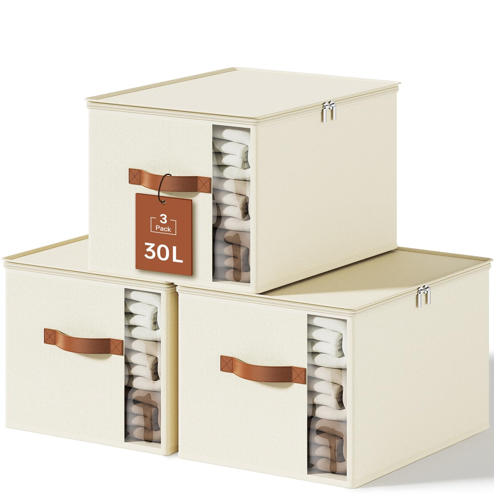Clothes Storage Bins with Sturdy Frames, Foldable Fabric Clothing Organizer Box for Moving, Sweater Storage Cube with Lids and Zipper, Linen Closet Storage Bags for Blankets, Clothes, Sheet