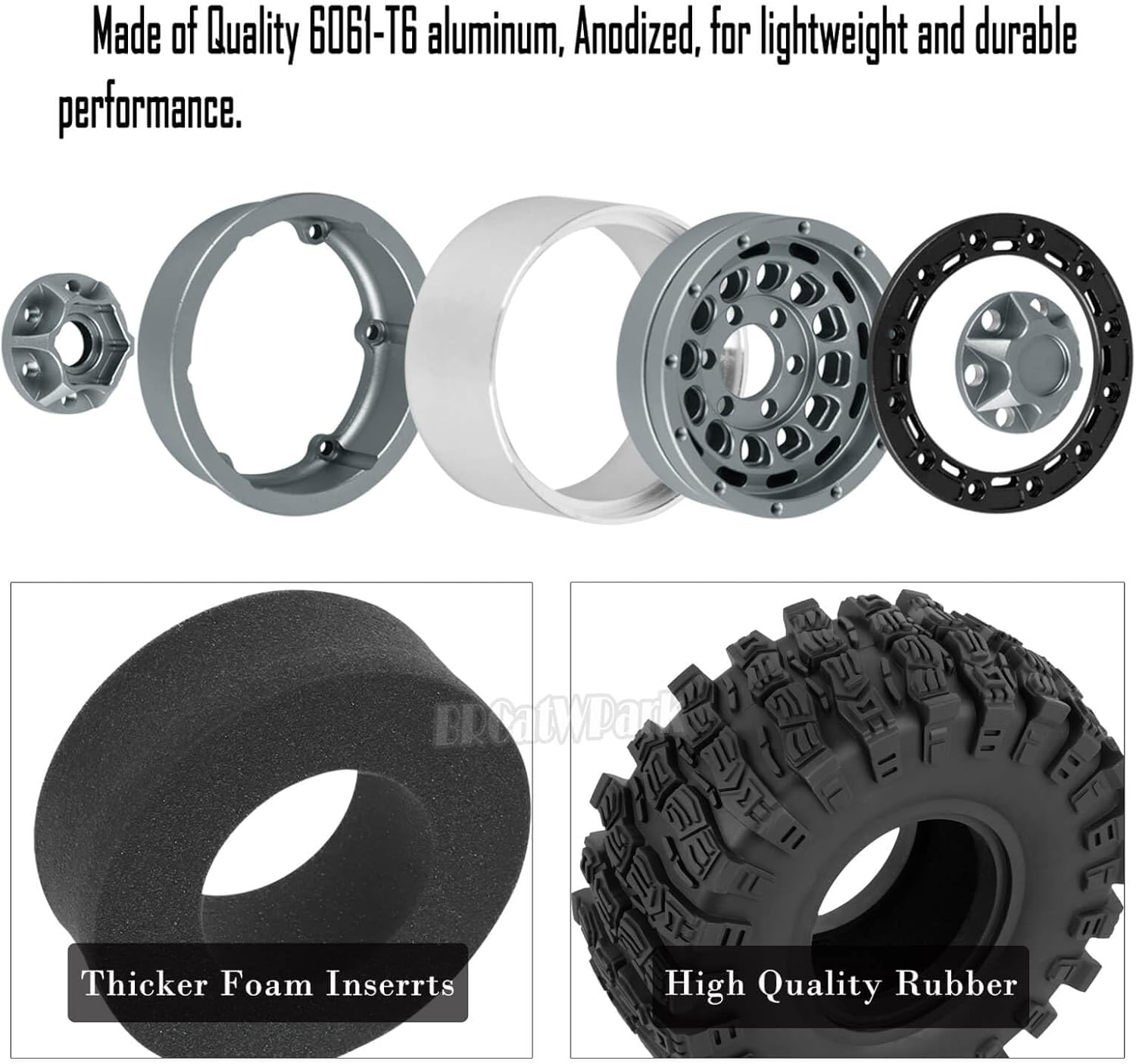 RC 1.9 Beadlock Rims & Wheels Tires w/Adjustable Offset for 1/10 SCX10 TRX4 TRX6 Gen7/8 D90 VS4-10 MST CFX RC Crawler Car,BRCatWPark 4pcs Aluminum Double Rims and Rubber Tires w/Sponge,Titanium