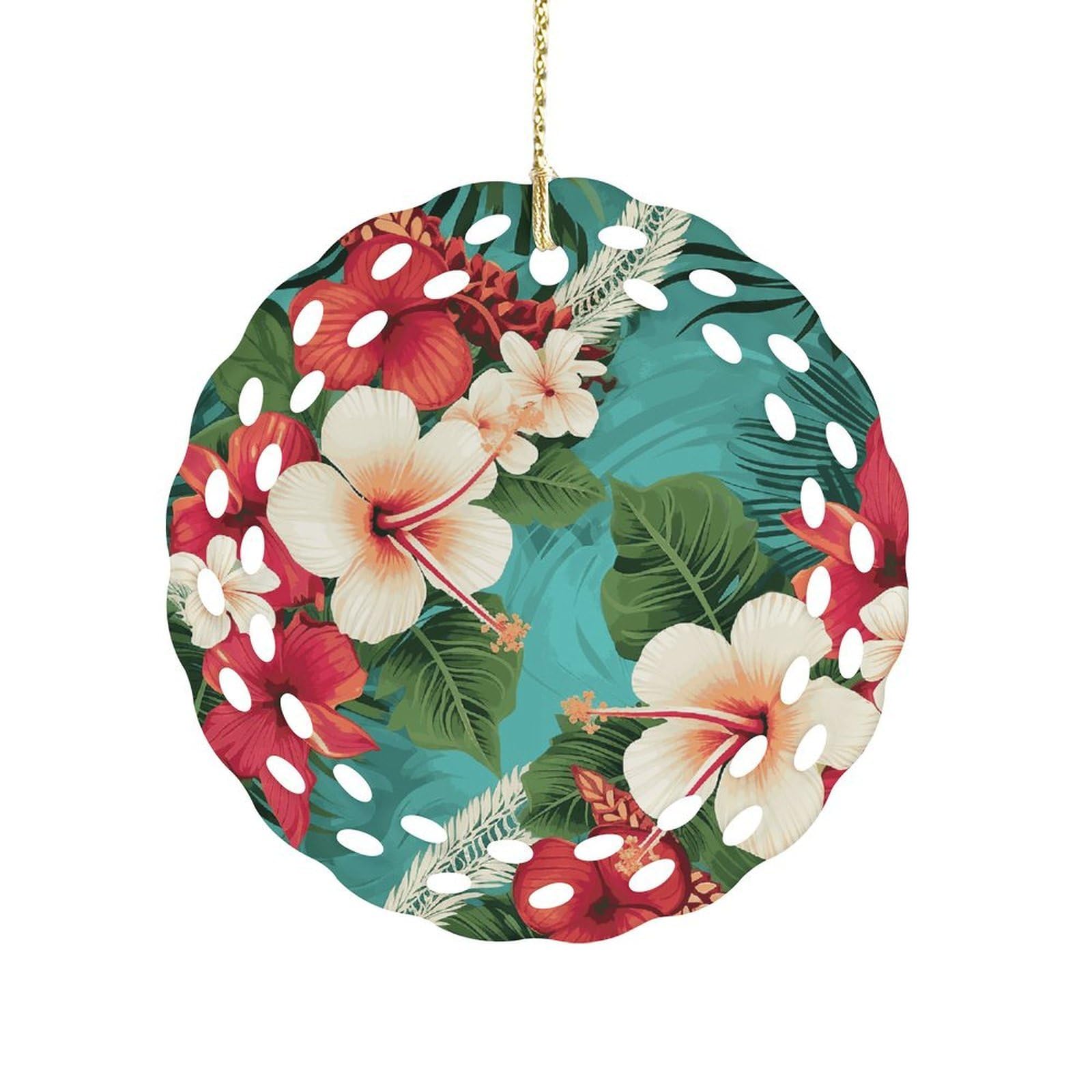 Btcowzrv Style Hawaiian Flowers On Green Background Ceramic Ornament,Round Ornaments With Hole Easy To Hang,Hanging Ornament For Wedding Party Home Window Garden Christmas Day Decor