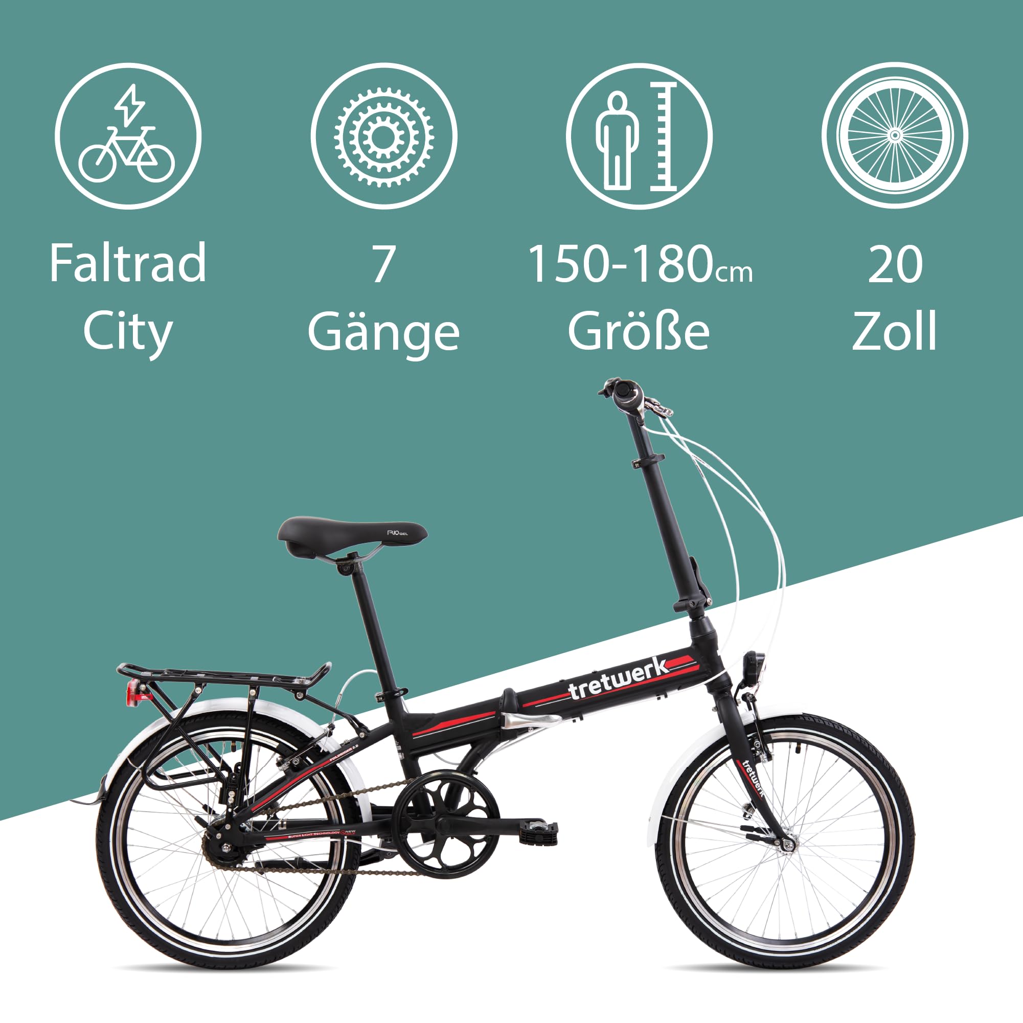 Tretwerk - 20 Zoll Klapprad - Foldrider schwarz 30 cm - Faltrad mit 7 Gang Nabenschaltung - leichtes Folding Bike
