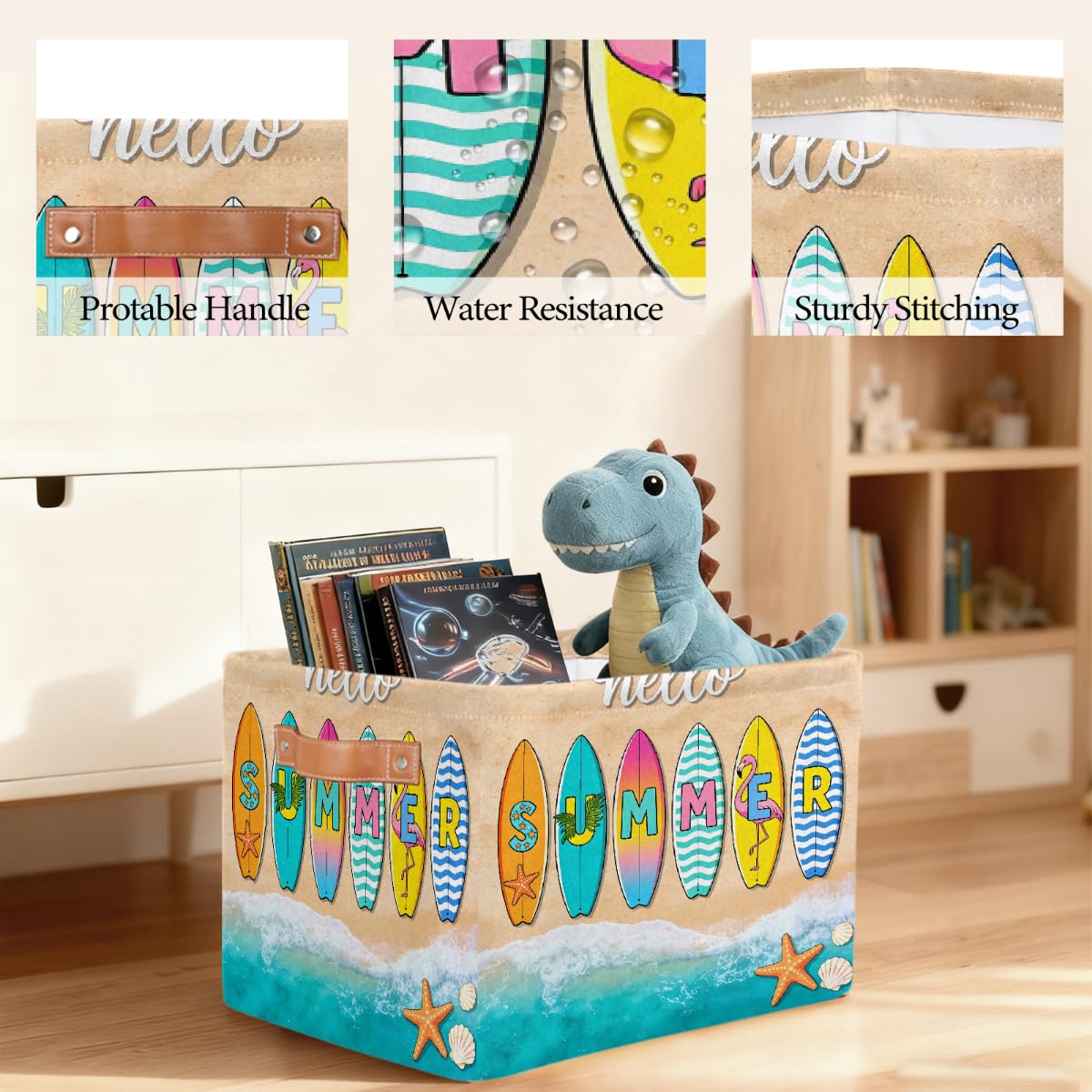Hello Summer Surfbrett rechteckiger Aufbewahrungskorb mit Ledergriffen, faltbarer Stoff-Aufbewahrungskorb für Schrank, Badezimmer, Wohnzimmer, Büro, Spielzeug, Organizer, Wäschekorb, 2 Stück
