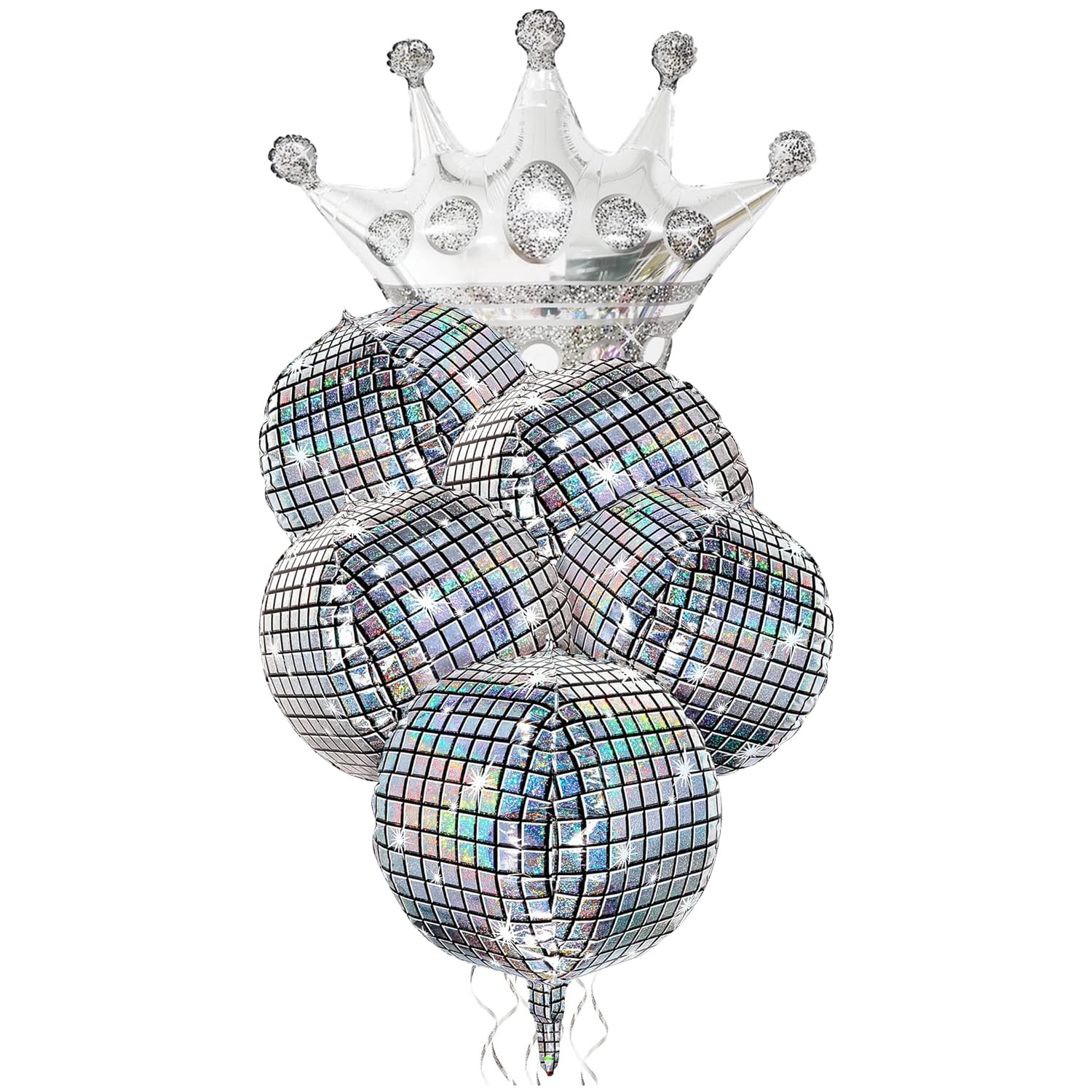 Holographic Mirror Disco Ball Set, 18-Inch Glass Tiles, Party Decoration with Silver Crown Balloon