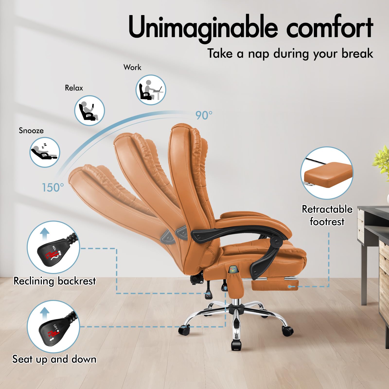 ALFORDSON Ergonomiczne krzesło biurowe, z funkcją masażu cieplnego, ze skóry PU, krzesło komputerowe z wyściełanymi podłokietnikami i miękkim zagłówkiem, krzesło obrotowe z kółkami, brązowe