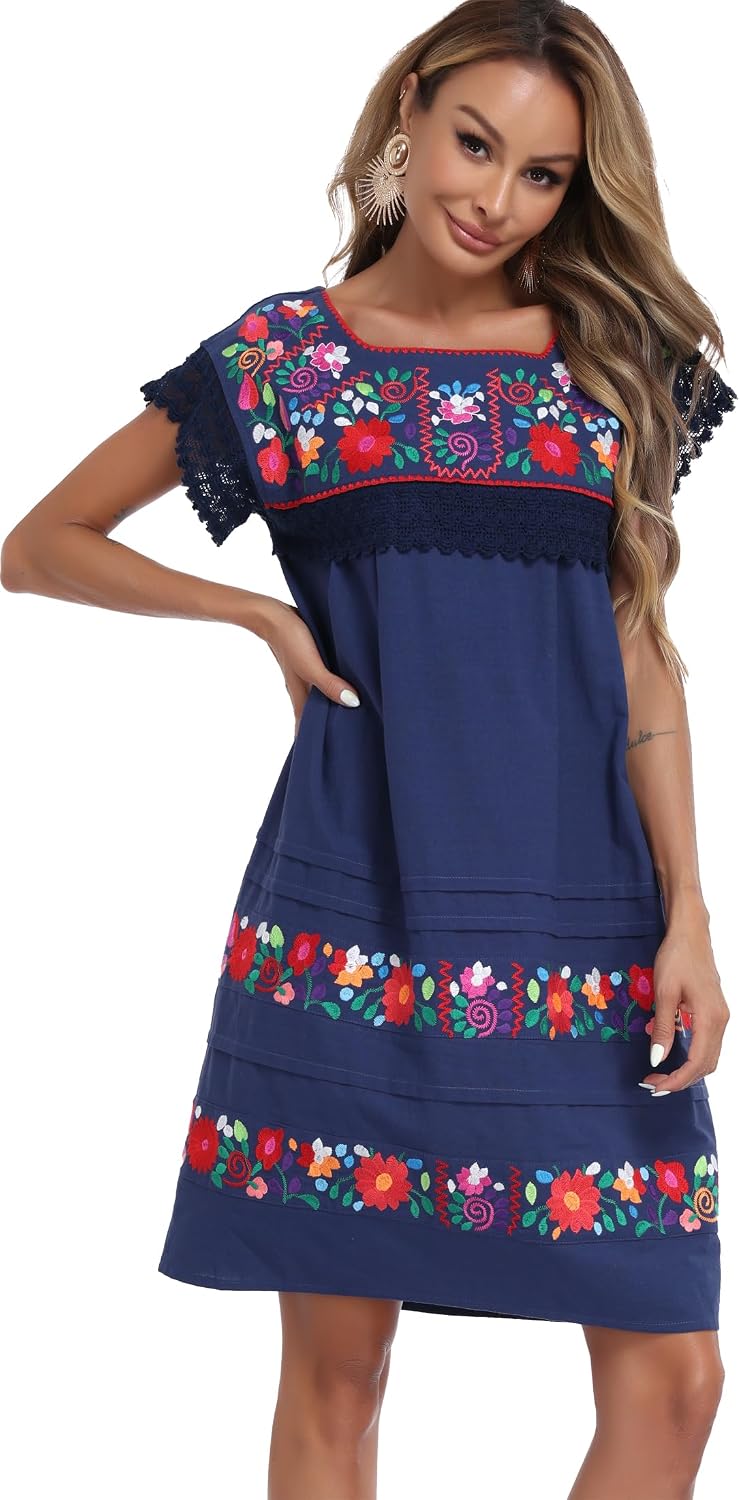 YZXDORWJ Women Embroidered Mexican Peasent Lace Short Sleeves Dress