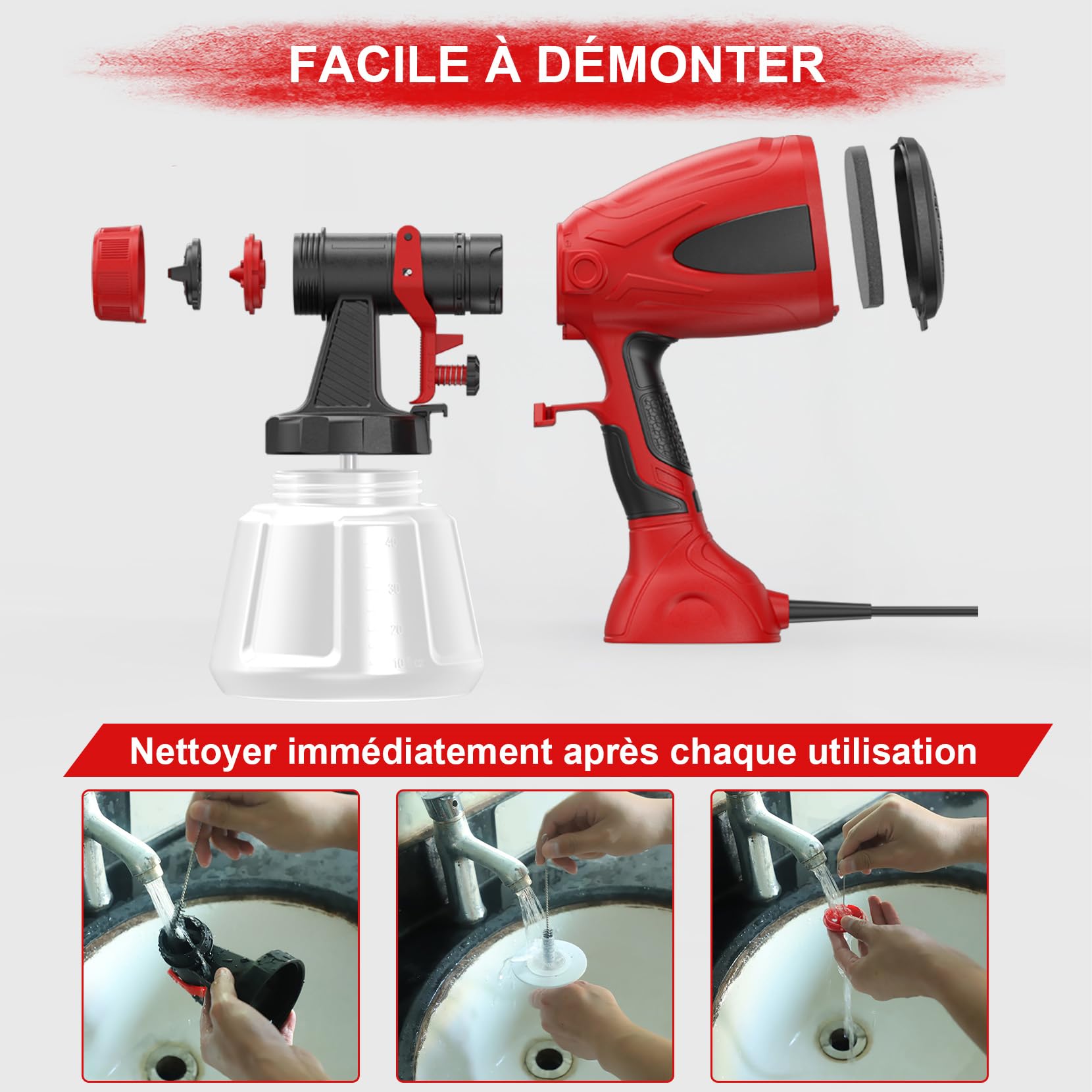 Pistolet a Peinture Électrique 650W, Pistolet Peinture Filaire 1200ml avec 4 Buses&3 Motifs,Fonction Soufflage, Débit Max 1000ml/min pour Peindre Meubles, Murs, Clôtures, Bricolage et Projets DIY