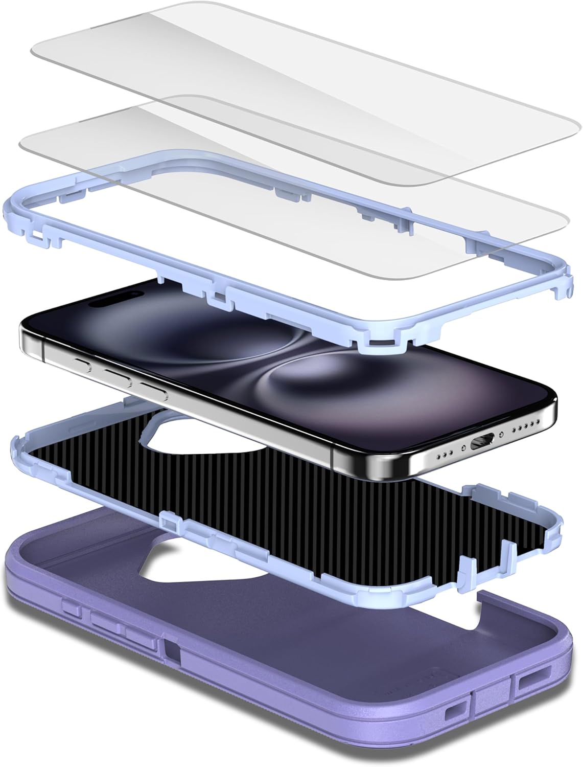 MXX for iPhone 16 Plus Case, Heavy Duty 3-Layer Rugged Cover with Tempered Glass Screen Protector, Shockproof Dustproof Anti-Drop Full Body Protection (6.7") – Light Purple - Image 3