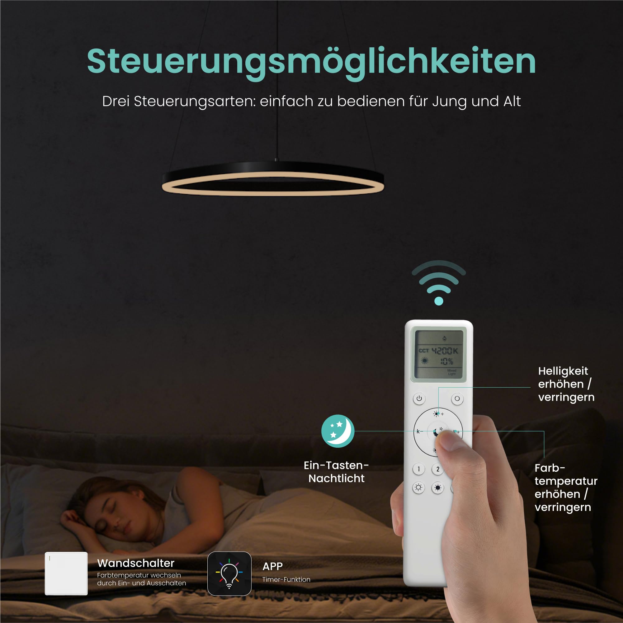 Mai & Mai LED Pendelleuchte Esstisch Stufenlos Dimmbare Fernbedienung & App | Pendellampe im Saturnring-Design Höhenverstellbar 50–150 cm, 3000–6000 K für Esstisch Wohnzimmer Küche, Luvina06