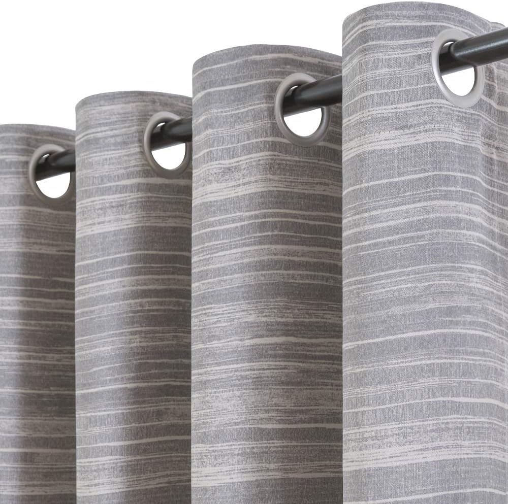 Vangao Grey Blackout Curtains 84 Inches Length 2 Panels for Bedroom Living Room Thermal Insulated Grommet Top Stripe Printed on Beige Window Drapes