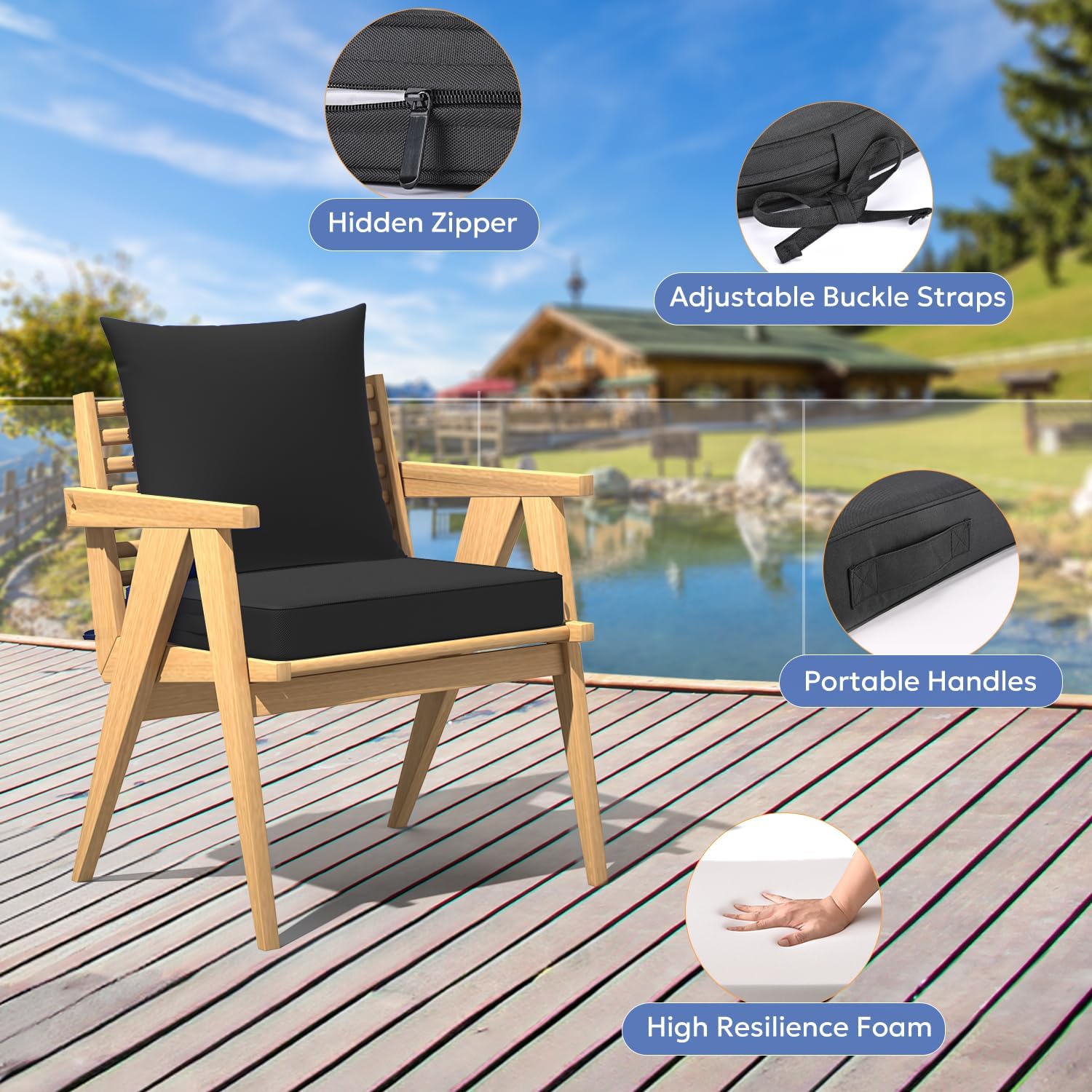 Outdoor Deep Seat Set, Waterproof Outdoor Chair Cushions for Patio Furniture, Removable Patio Cushions Include Back Pillow & Seat Bottom with Ties, Foam, and Hidden Zipper-24 x 24 Inch, Black
