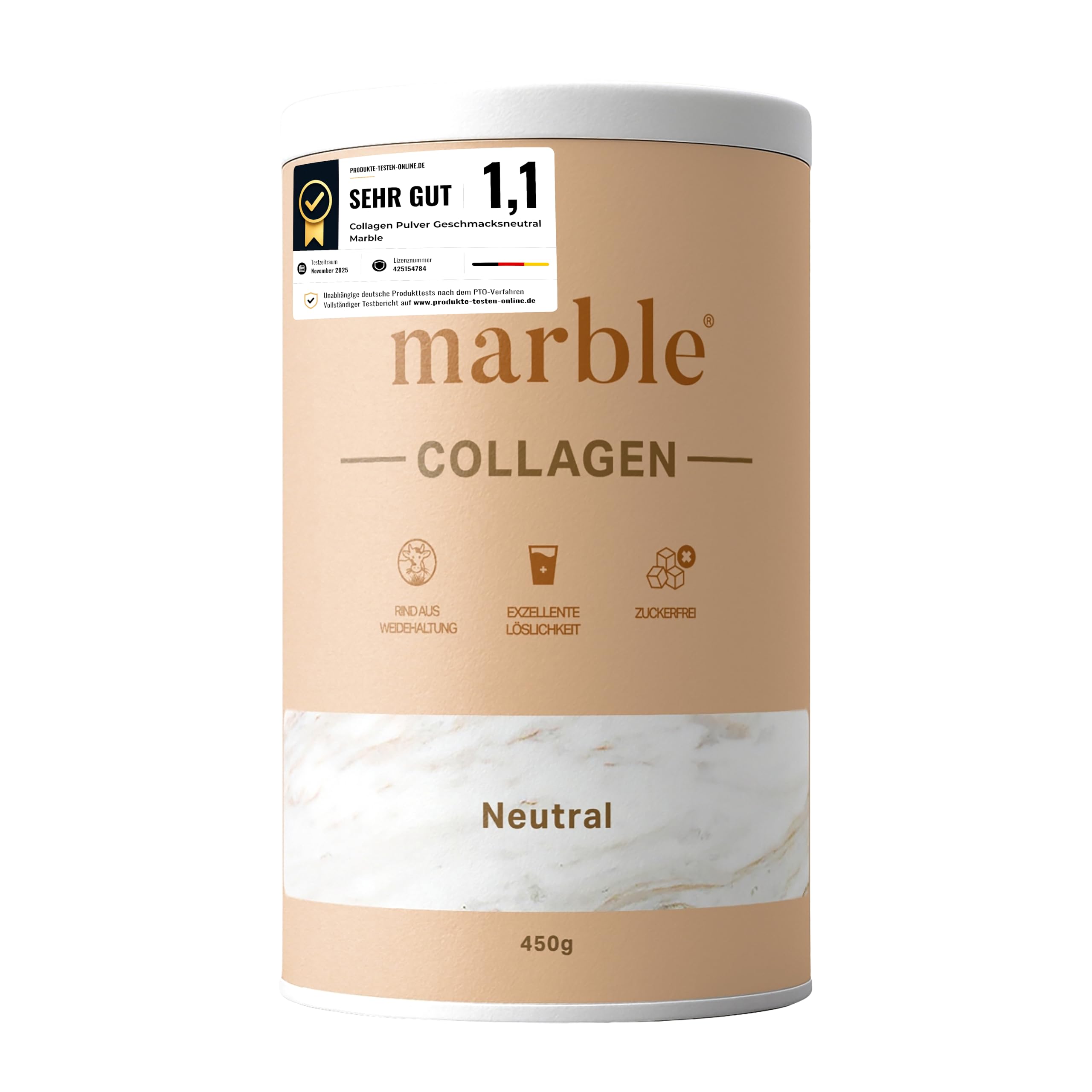 marble® Collagen Pulver 450 g - Collagen Peptide - 60 Tage risikofrei testen - Aminosäuren Komplex hochdosiert - Kollagen Pulver in Pappdose ohne Plastiklöffel