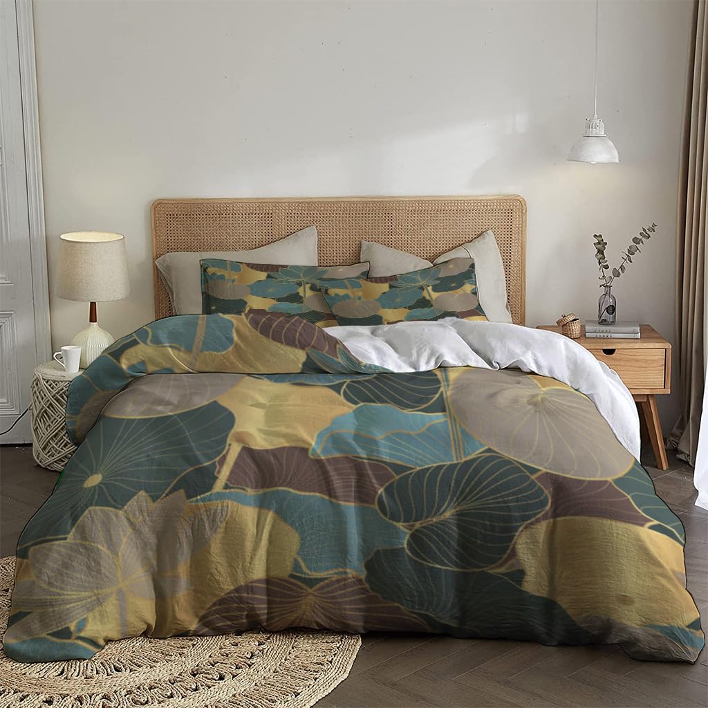 NIBAINLO 布団カバー黄金の蓮の葉と花 肌に優しい ピーチスキン加工 掛け布団カバー 和式 洋式 あったか 布団カバーセット リバーシブル ホームステイ ホテル 家庭兼用