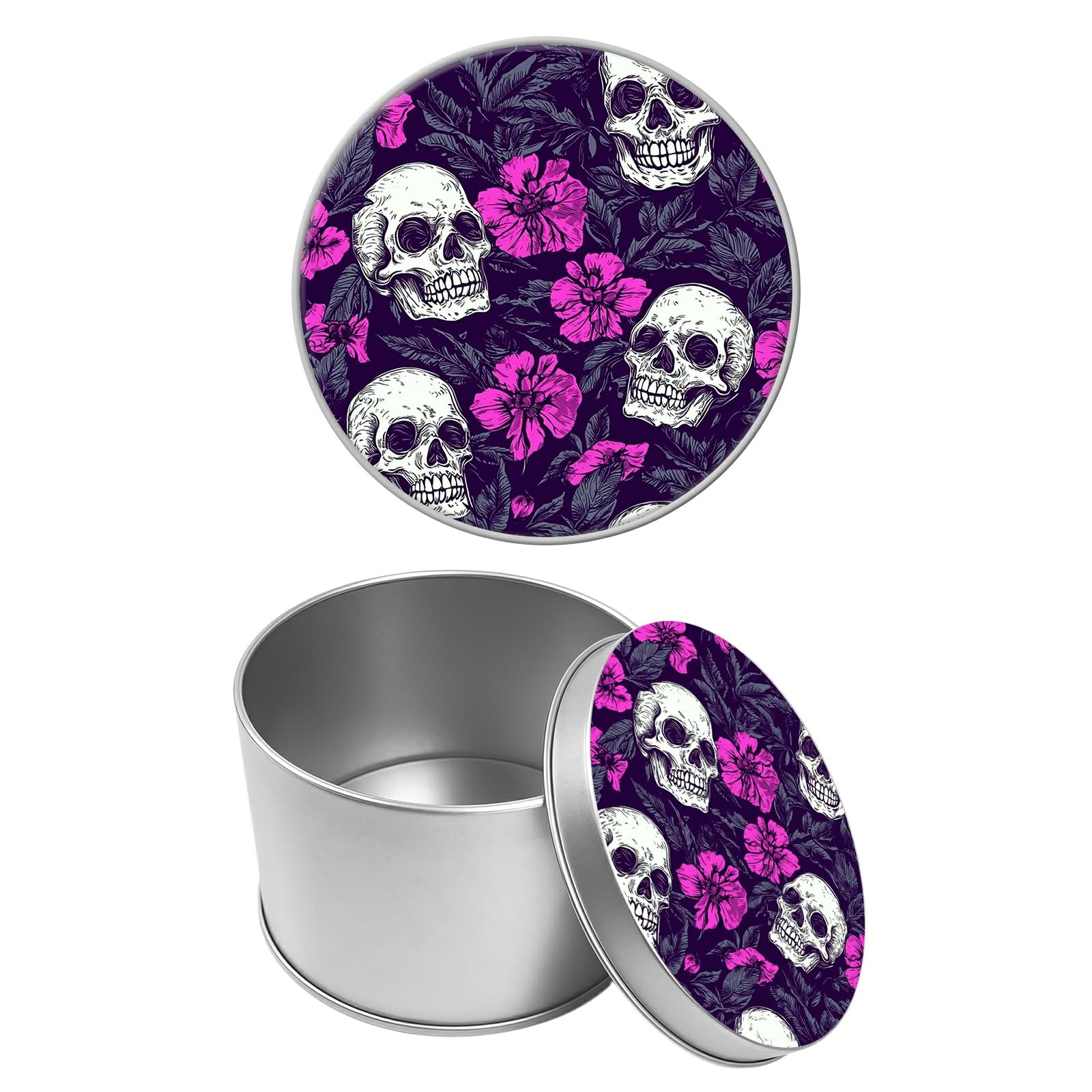 Round Metal Tin Container with Removable Lid, Purple Flower Skull Durable Metal Storage Box for Cookies Spices Tea Candies Cakes Jewelry Cosmetics 3.54 x 2.36 inch– Single Pack