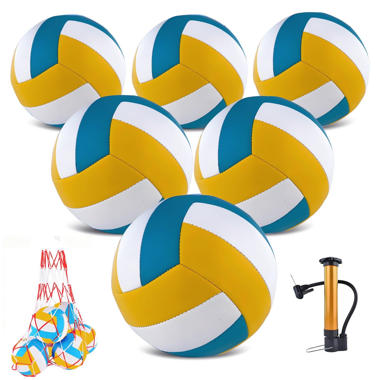 Paquete de 6 pelotas de voleibol, tamaño oficial 5, impermeables, suaves, a granel, con bomba y bolsa de red para interiores y exteriores, playa, arena, agua, piscina, partido de entrenamiento para
