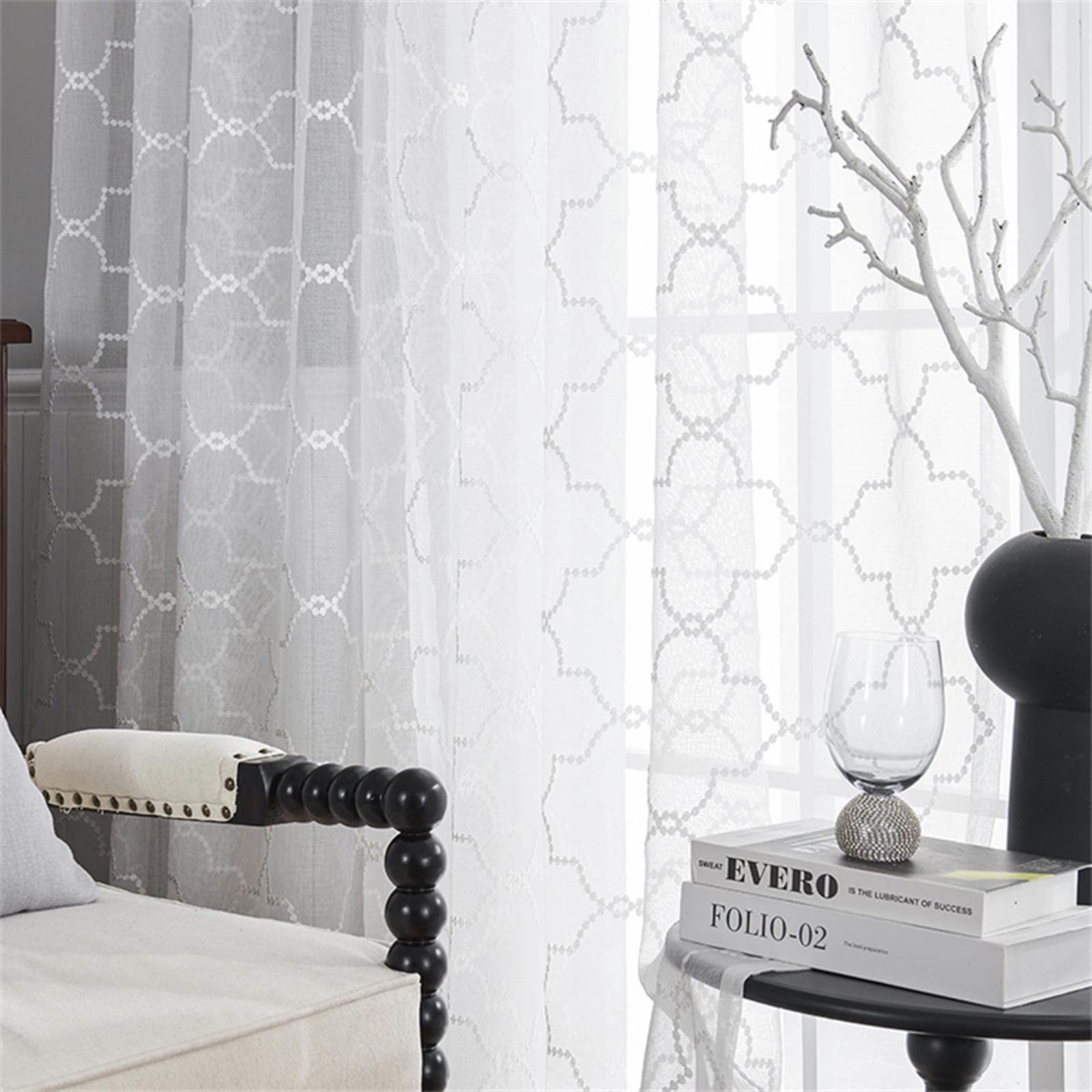 Géométrique Broderie Sheer Rideau pour Salon Tulle Voile Rideau pour Cuisine Chambre Décor À La Maison Fenêtre