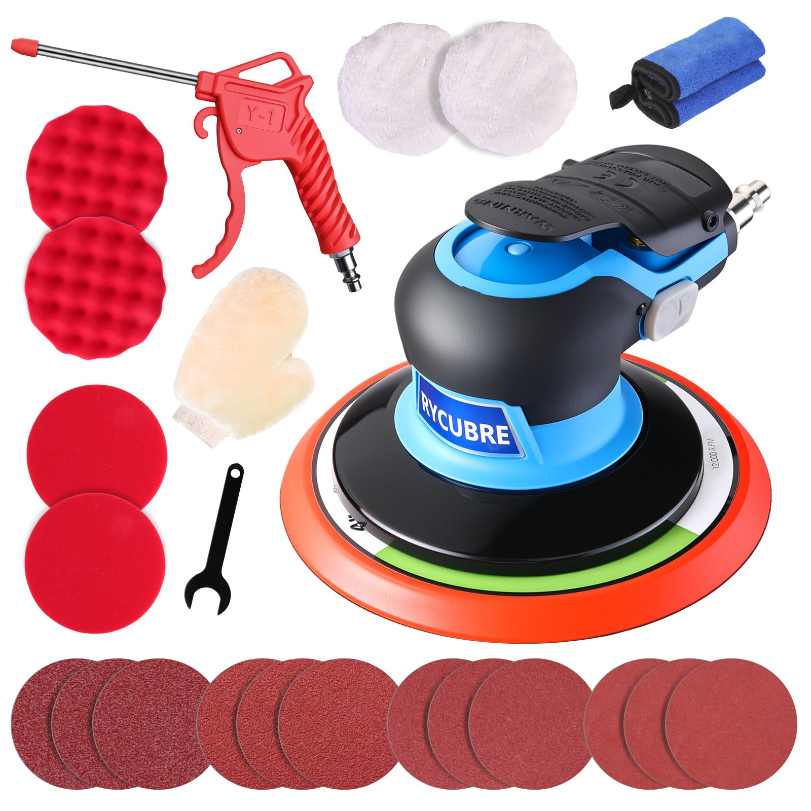 6 Inch Pneumatic air Sander Kit (with 12 Sandpapers, Polishing Pads &amp; Accessories &amp; A Free Air Blow Gun) – da sander for auto Body Specialized, Pneumatic Orbital Sander, Professional &amp; DIY Compatible